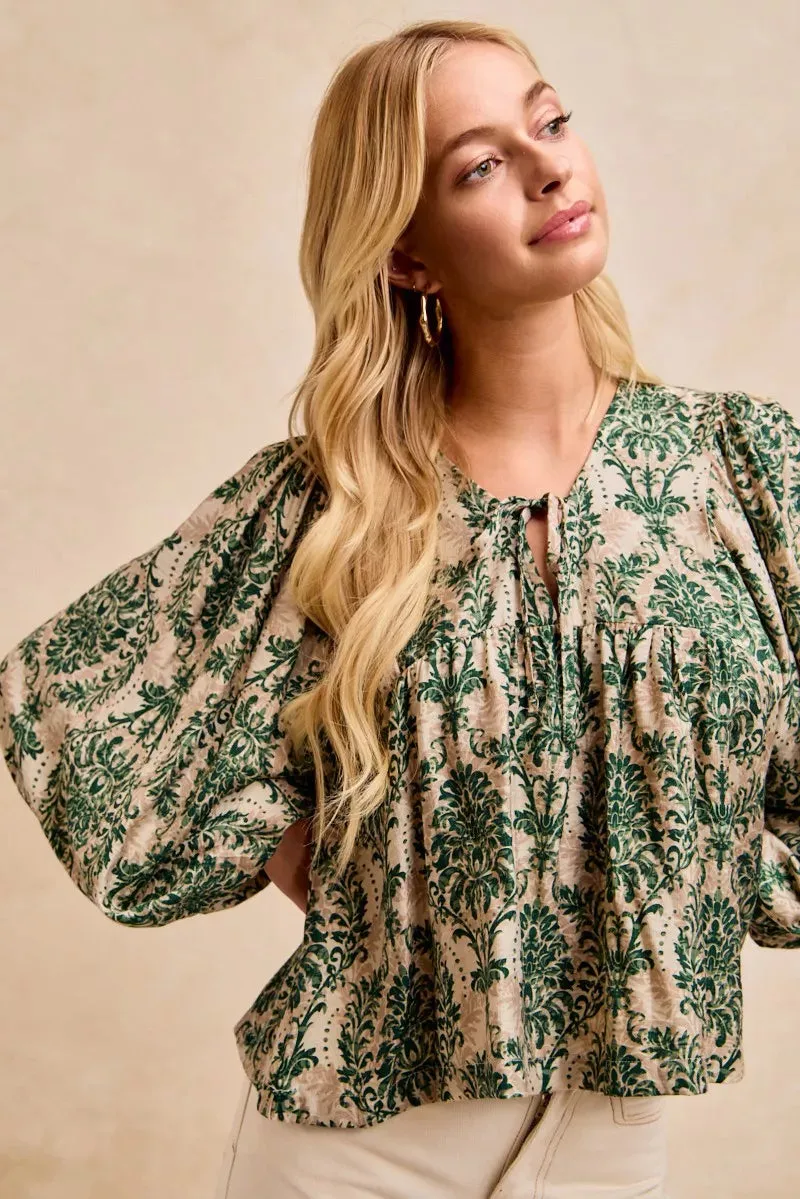 BiBi Printed Woven Front Tied Blouse with Baloon Sleeve sold by Charming Charlie product image thumbnail 3