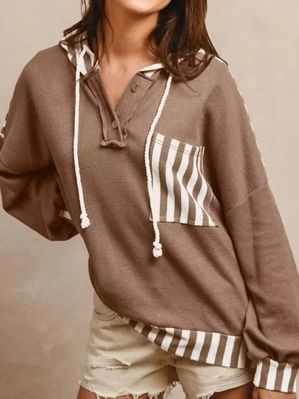 Waffle Texture Striped Patchwork Button Neck Drawstring Hoodie sold by Charming Charlie