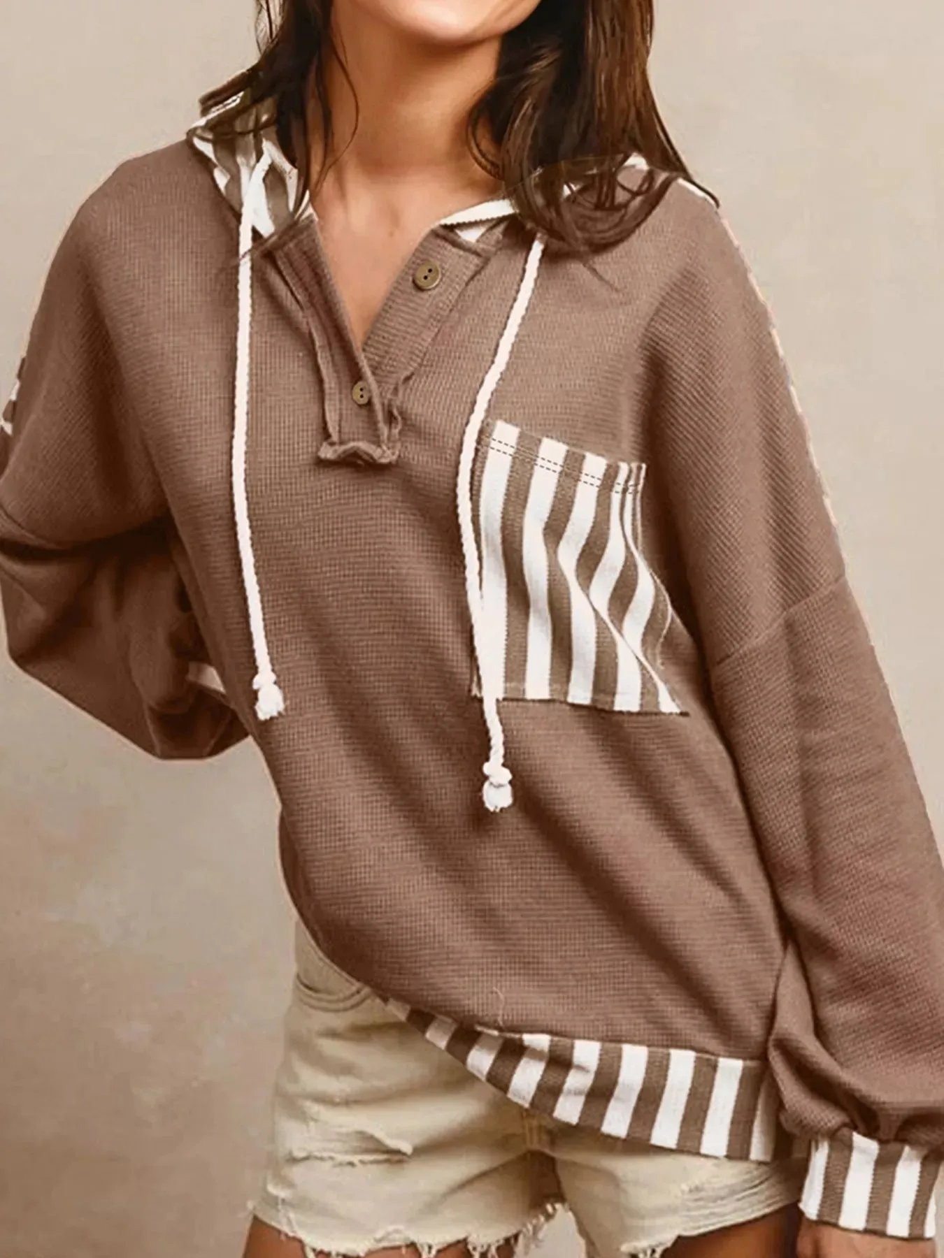 Waffle Texture Striped Patchwork Button Neck Drawstring Hoodie sold by Charming Charlie