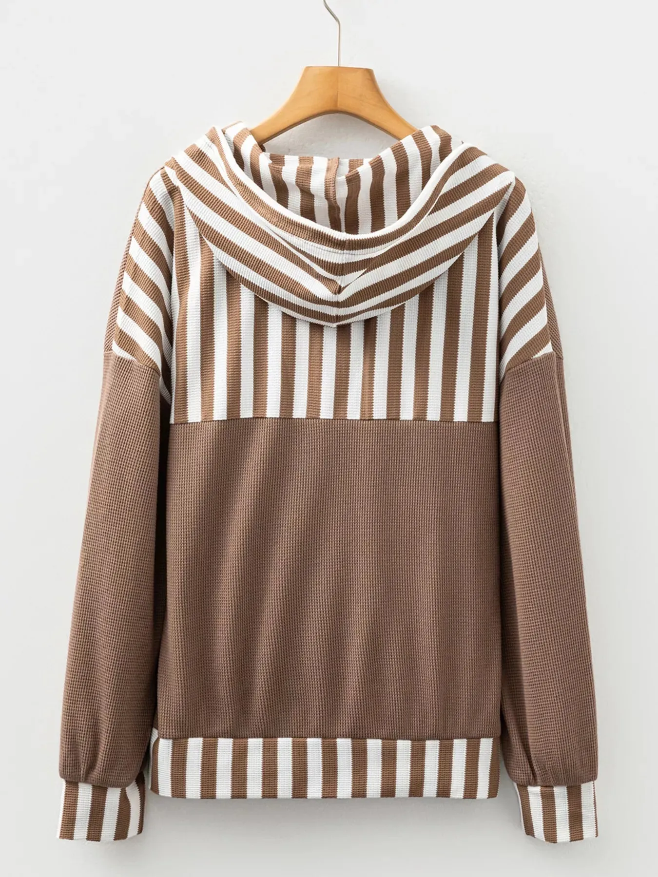 Waffle Texture Striped Patchwork Button Neck Drawstring Hoodie sold by Charming Charlie product image thumbnail 3