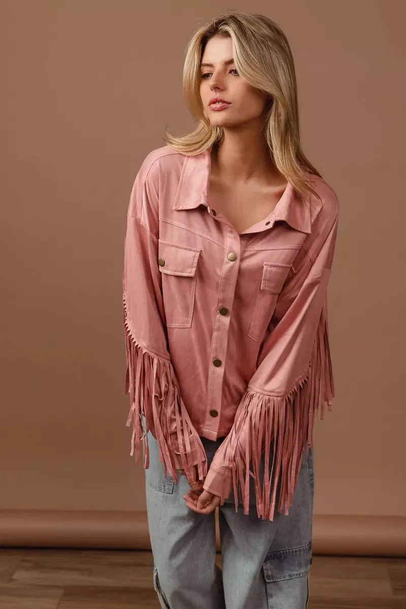 BiBi Suede Fringe Long Sleeve Jacket sold by Charming Charlie product image thumbnail 2