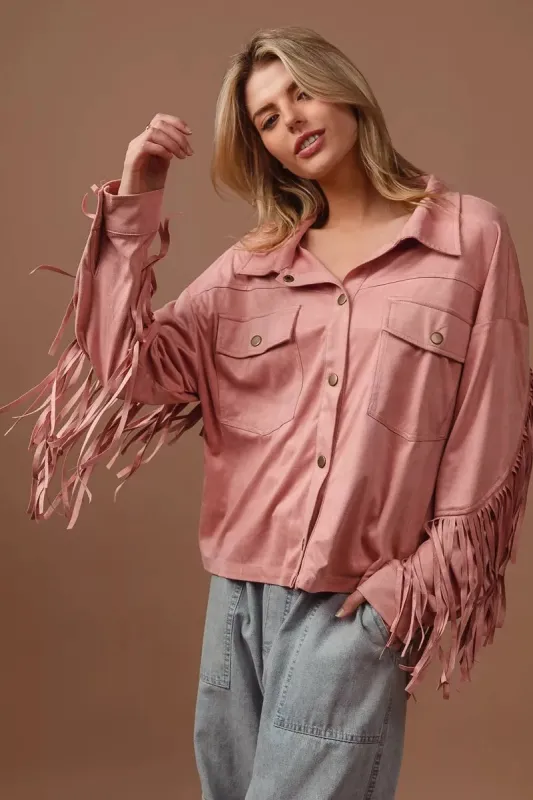 BiBi Suede Fringe Long Sleeve Jacket sold by Charming Charlie