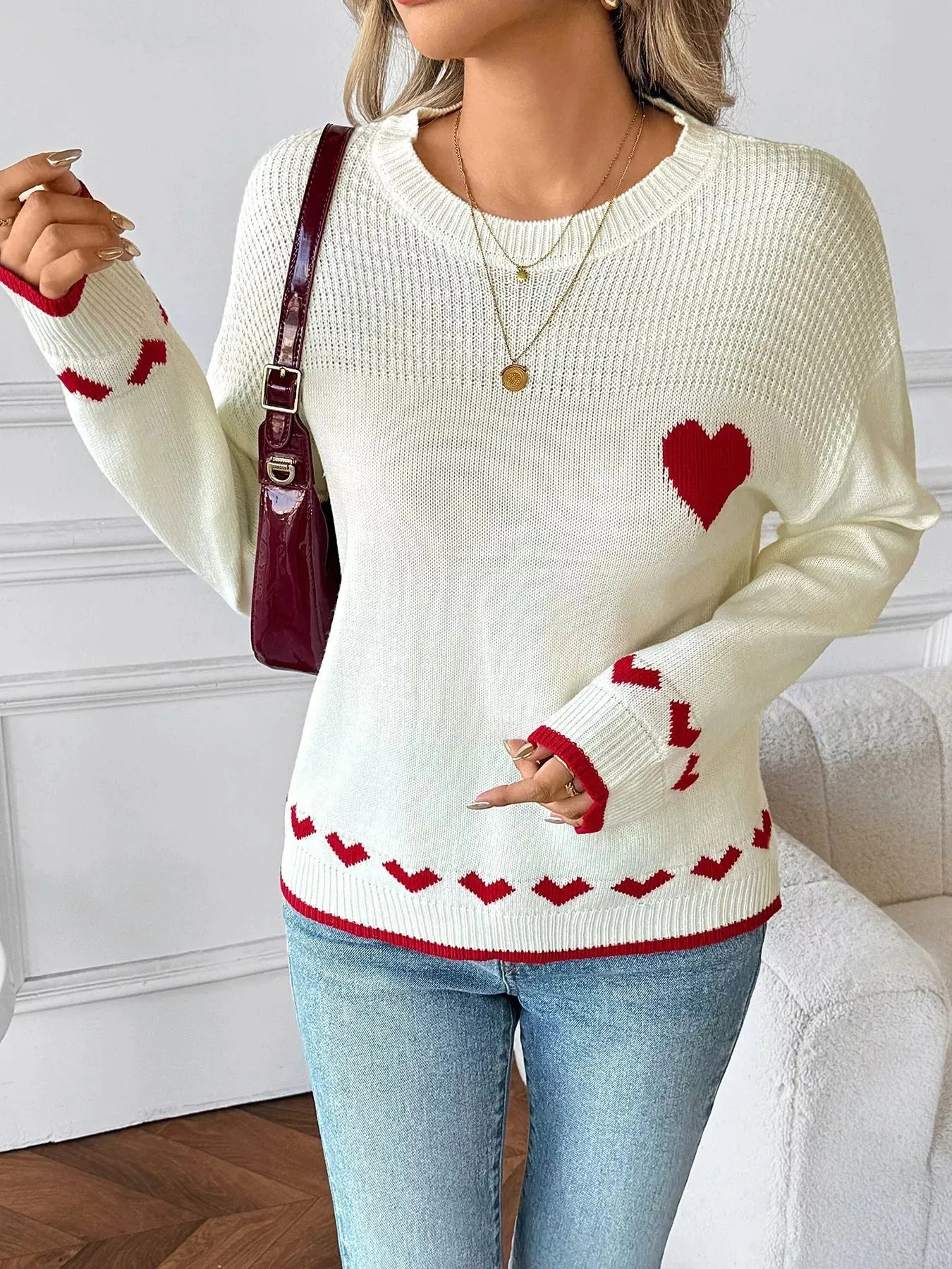 Heart Pattern Dropped Shoulder Sweater sold by Charming Charlie product image thumbnail 3