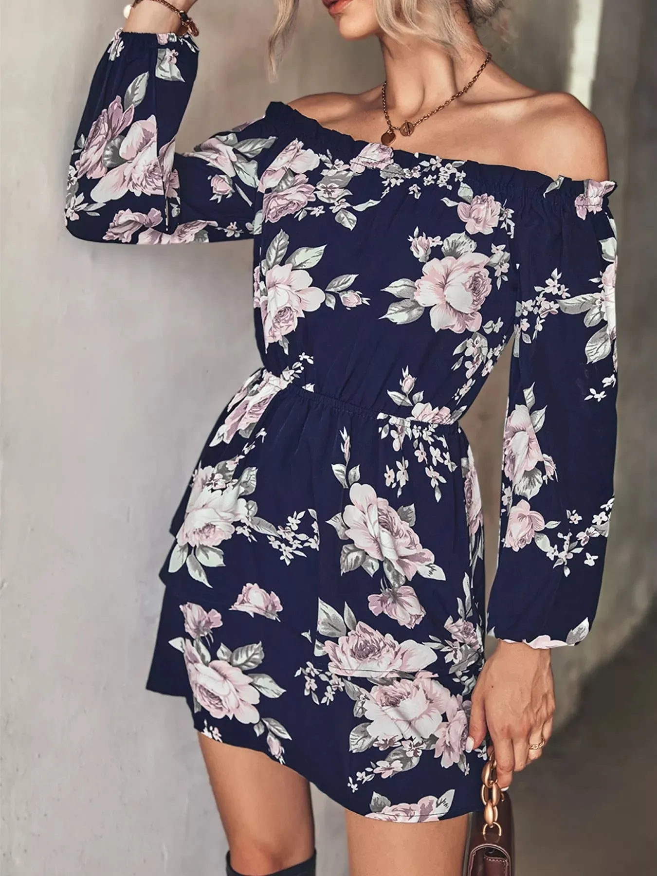 Off-Shoulder Floral Print Long Sleeve Mini Dress sold by Charming Charlie product image thumbnail 3