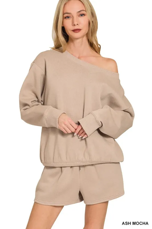 Zenana Fleece Boat Neck Sweatshirt and Shorts Set sold by Charming Charlie