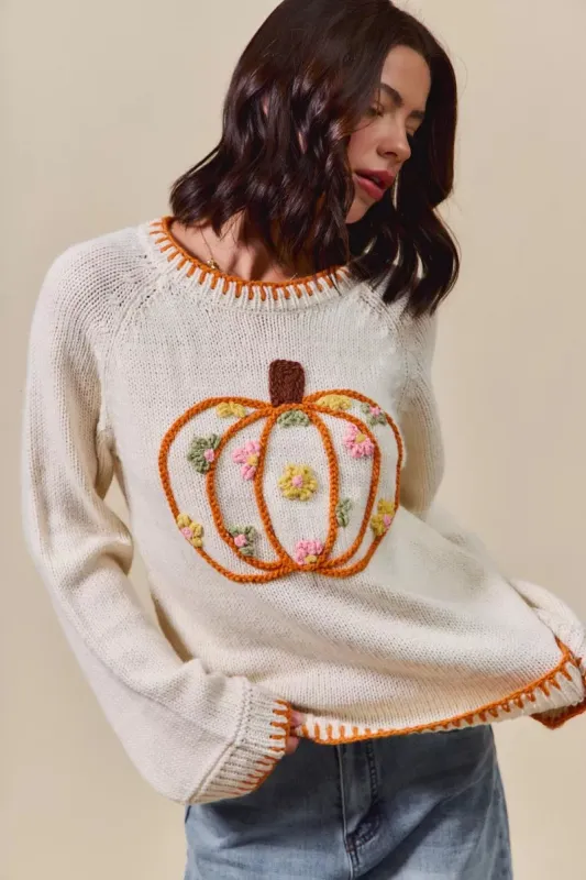 SO ME Pumpkin Floral Embroidered Thanksgiving Sweater sold by Charming Charlie