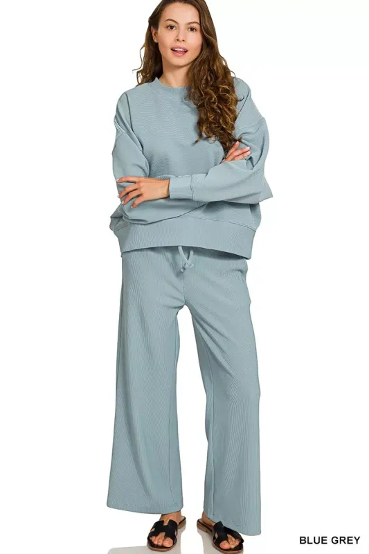 Zenana Ribbed Round Neck Pullover and Drawstring Pants Set sold by Charming Charlie