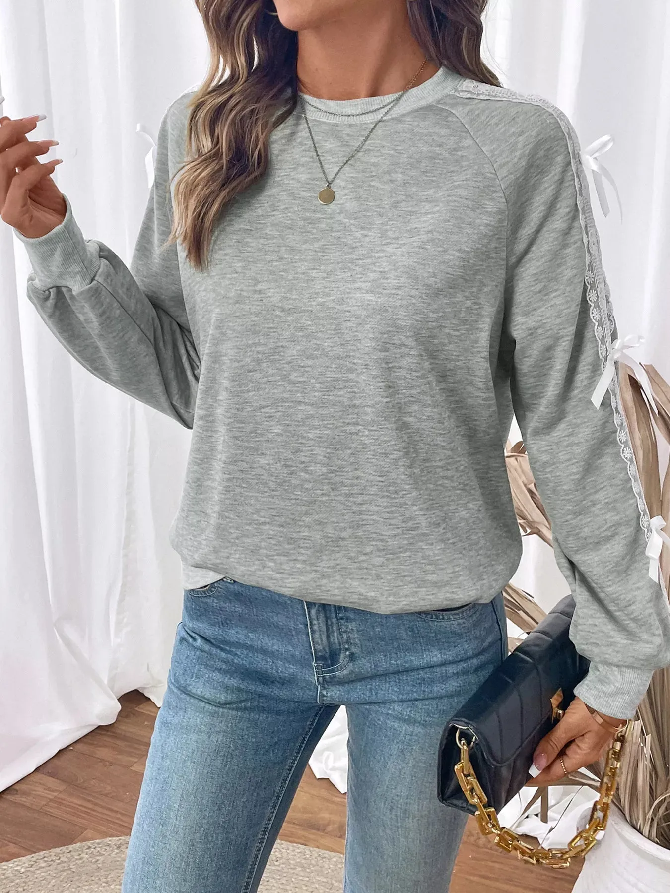 Lace Detail Round Neck Sweatshirt sold by Charming Charlie product image thumbnail 5