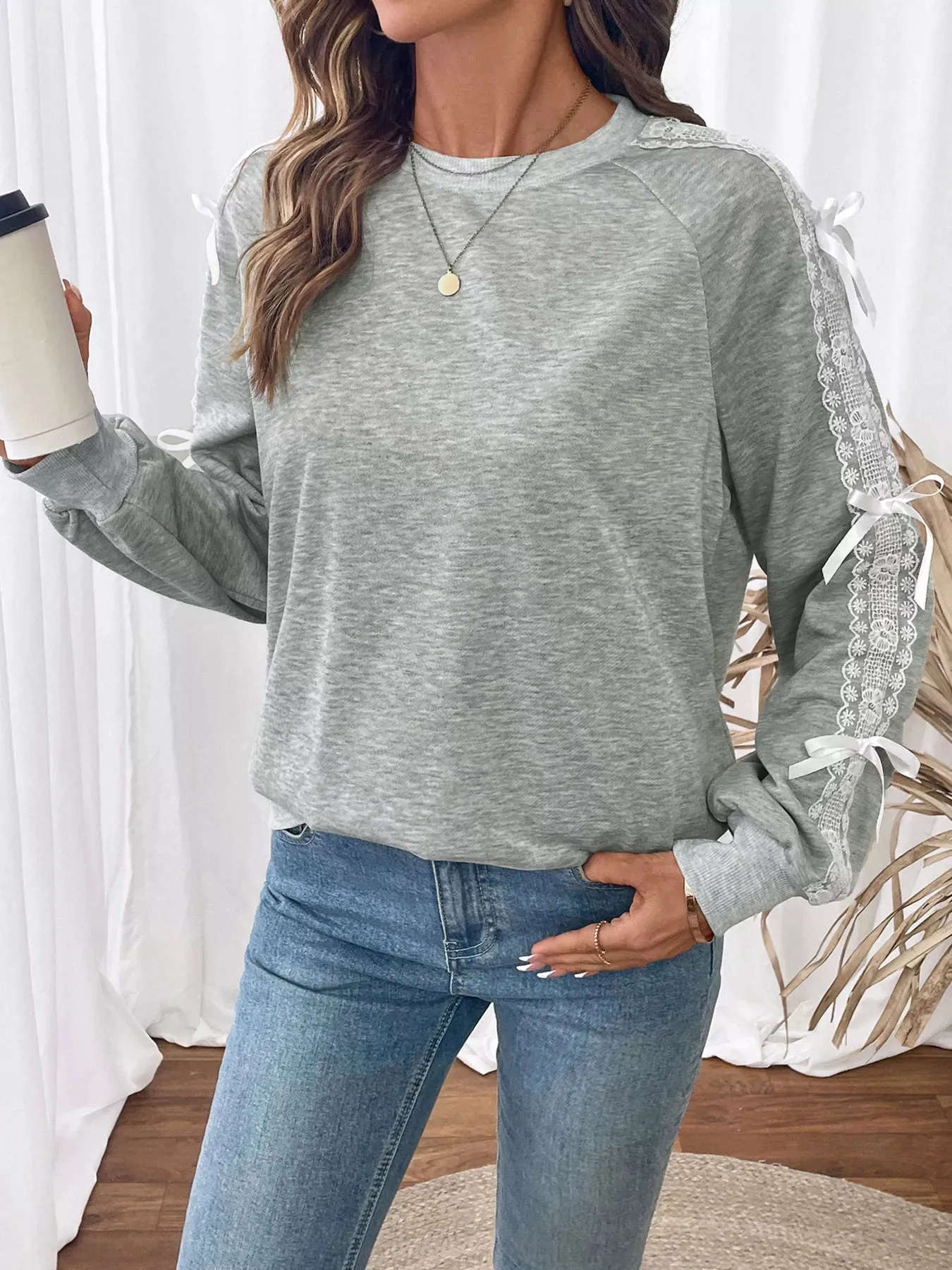 Lace Detail Round Neck Sweatshirt sold by Charming Charlie product image thumbnail 3
