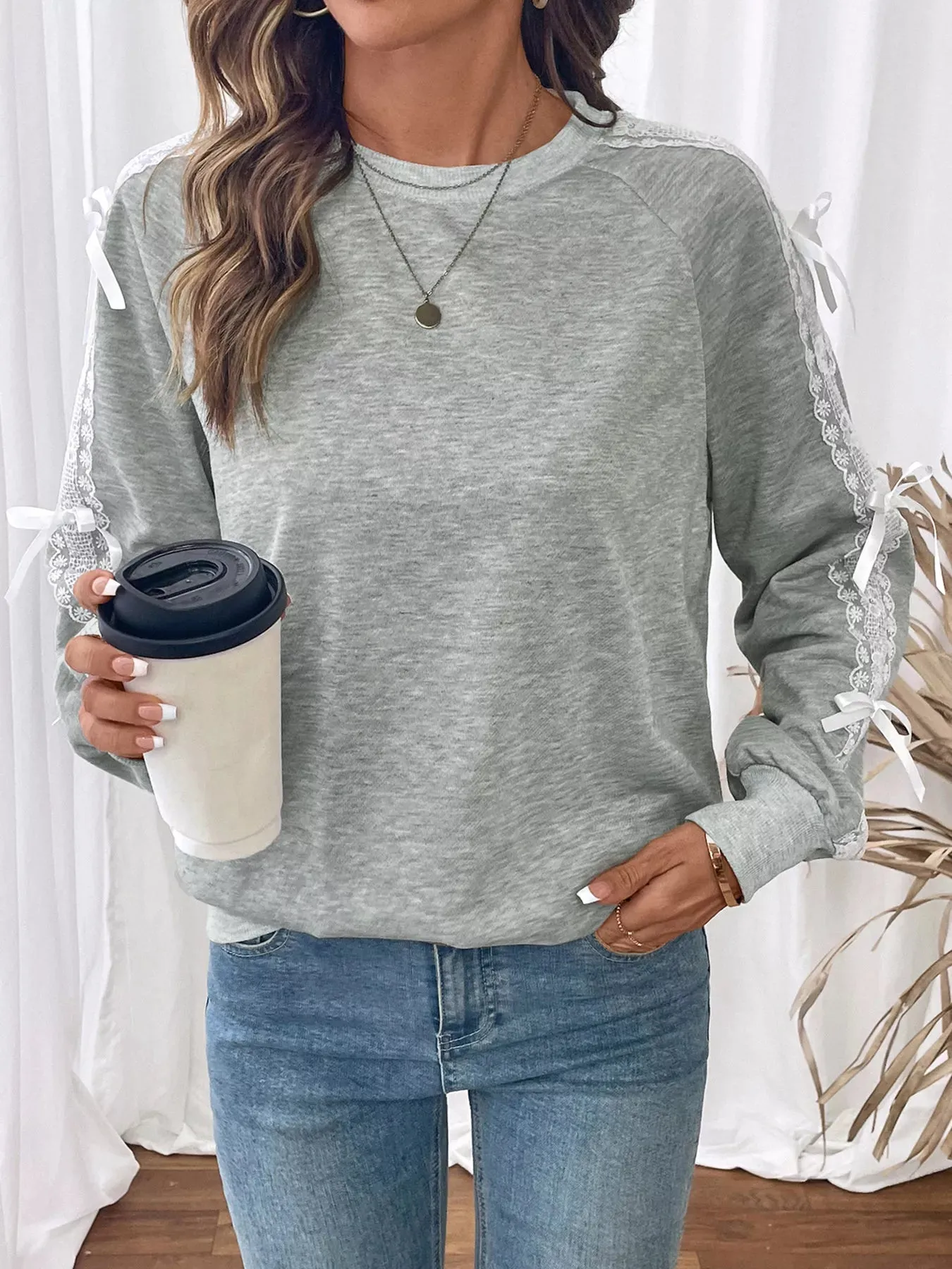 Lace Detail Round Neck Sweatshirt sold by Charming Charlie product image thumbnail 4