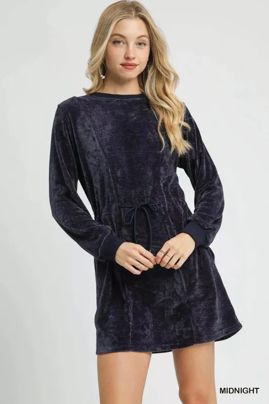 Umgee Velour Drawstring Mini Dress with Long Sleeves sold by Charming Charlie