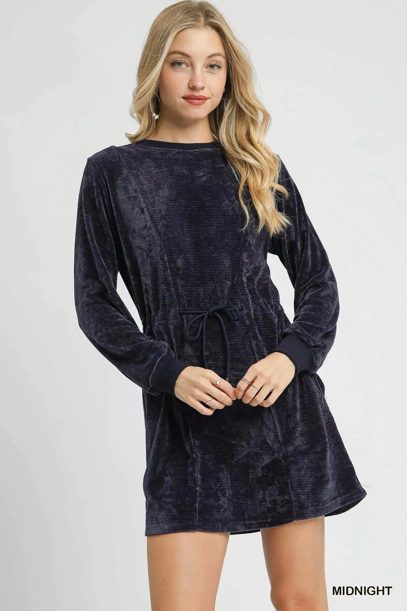 Umgee Velour Drawstring Mini Dress with Long Sleeves sold by Charming Charlie