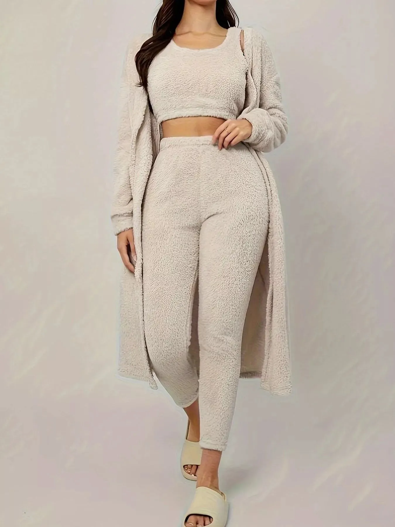Fuzzy Tank Long Sleeve Cardigan and Pants 3-Piece Lounge Set sold by Charming Charlie product image thumbnail 5