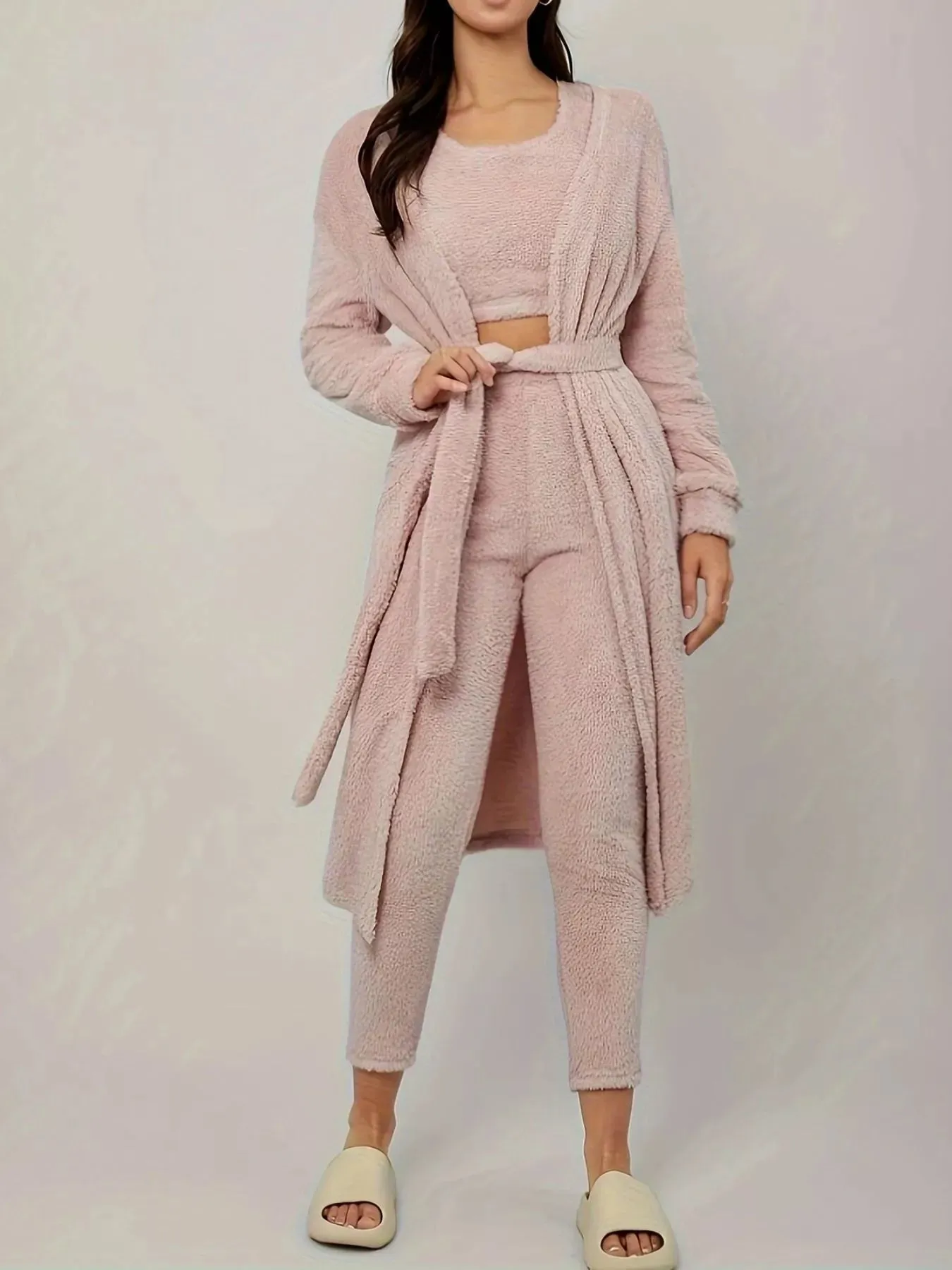 Fuzzy Tank Long Sleeve Cardigan and Pants 3-Piece Lounge Set sold by Charming Charlie product image thumbnail 2