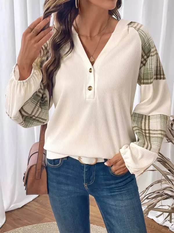 Plaid V-Neck Button Front Sweatshirt sold by Charming Charlie