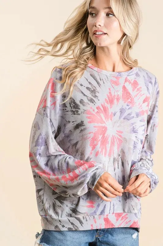 BiBi Tie Dye Print Terry Pull Over sold by Charming Charlie