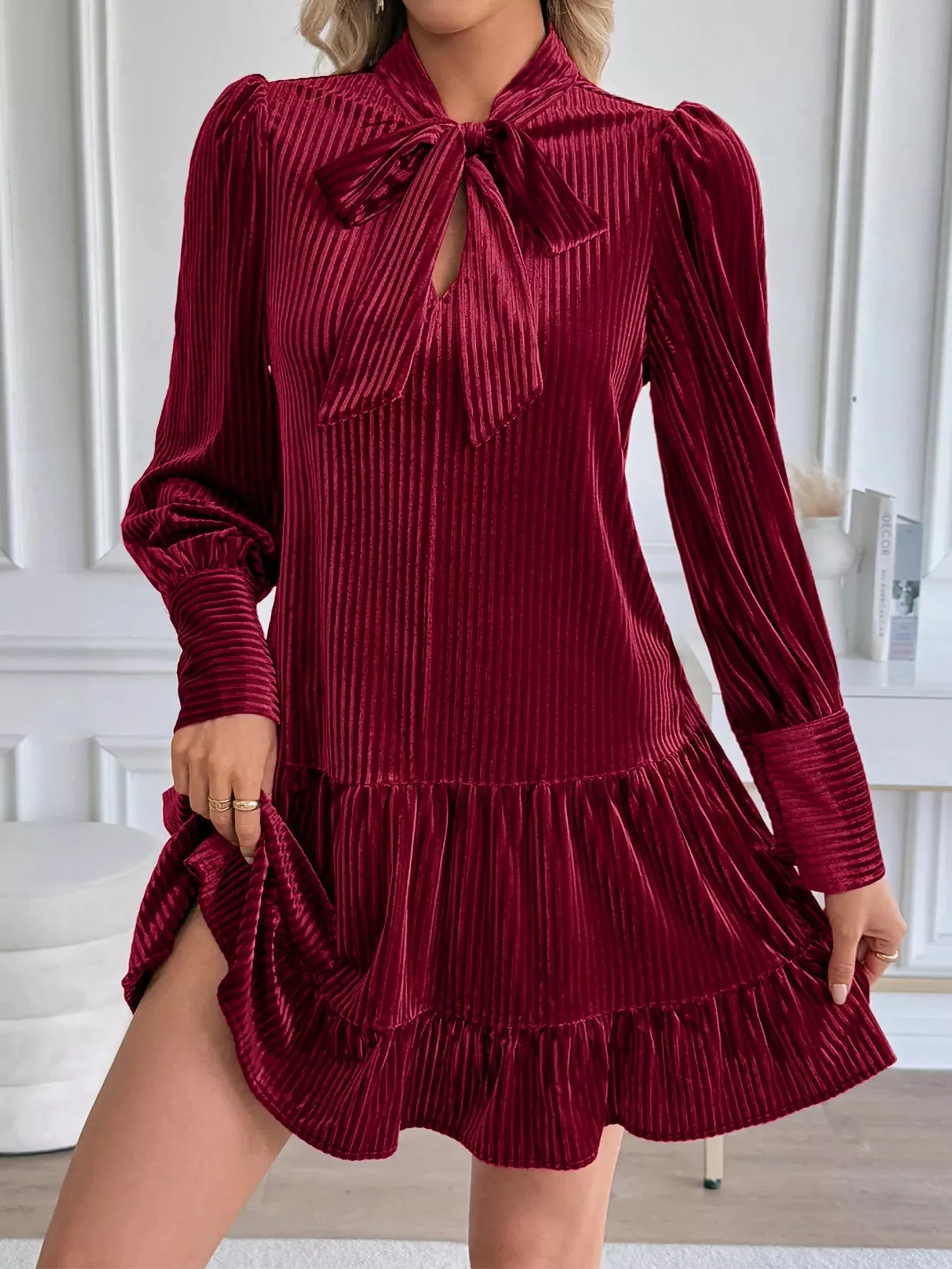 Velvet Tie Front Tiered Mini Dress sold by Charming Charlie