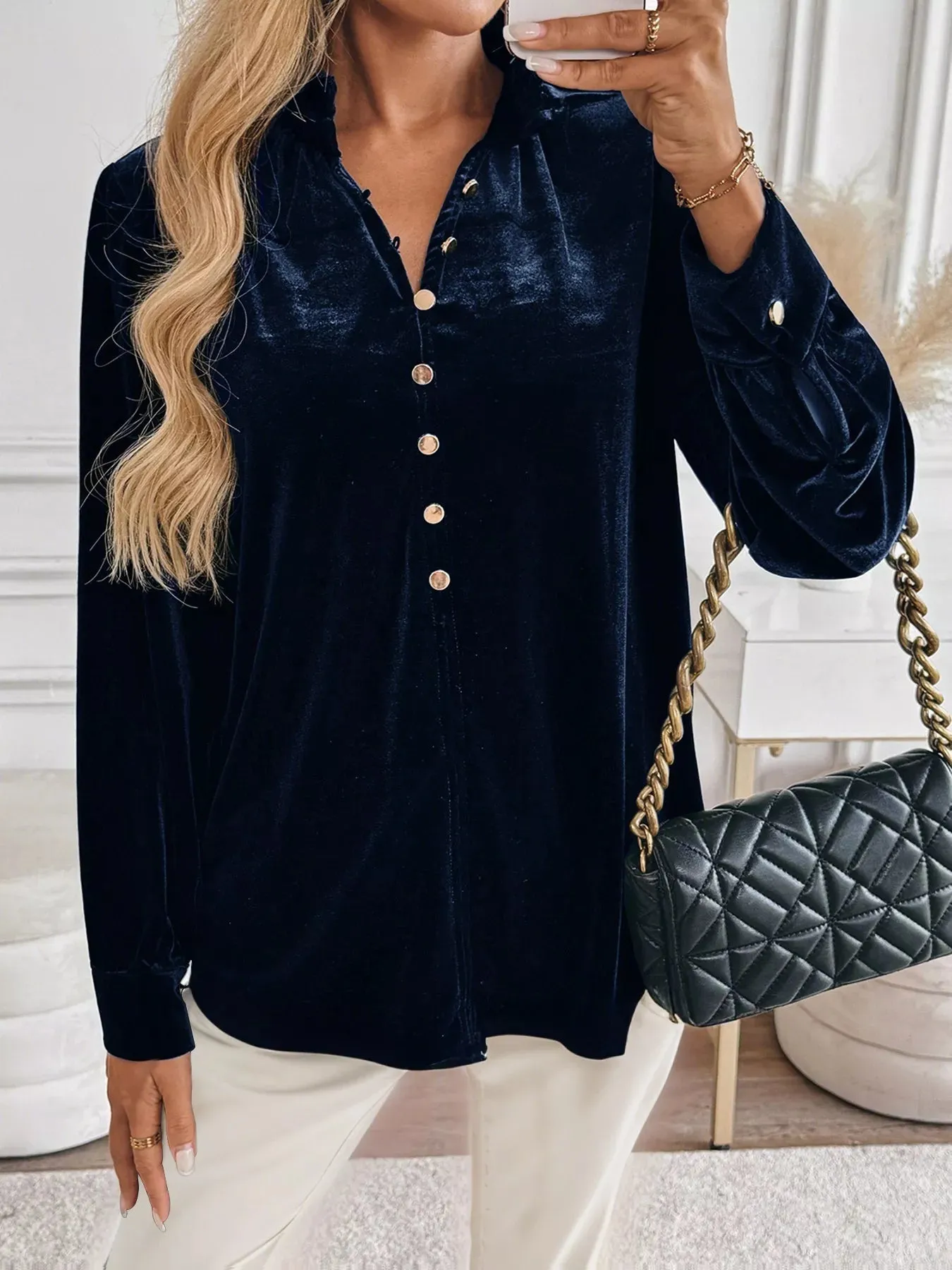 Velvet Button Front Long Sleeve Blouse sold by Charming Charlie product image thumbnail 3