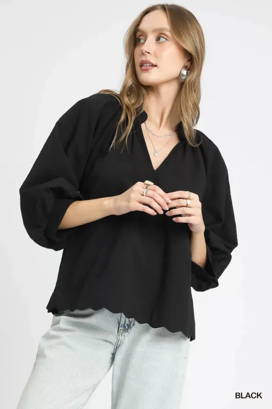 Umgee Full Size Textured Notched Balloon Sleeve Blouse Plus Size sold by Charming Charlie