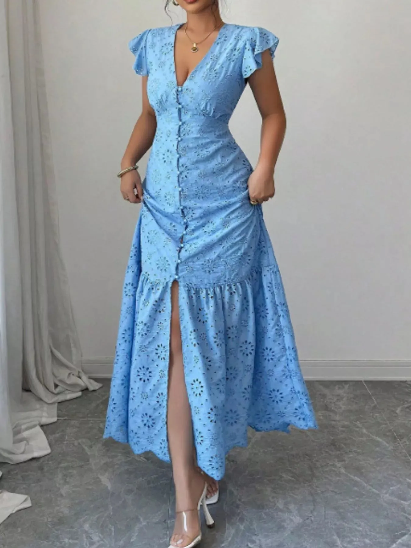 Floral Eyelet Ruffled Cap Sleeve Maxi Dress sold by Charming Charlie product image thumbnail 4