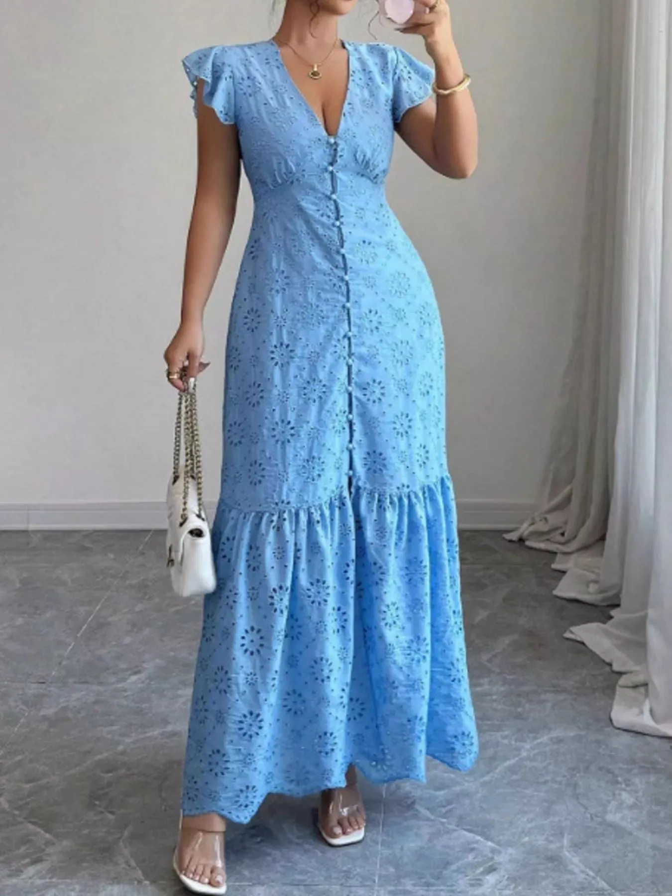 Floral Eyelet Ruffled Cap Sleeve Maxi Dress sold by Charming Charlie
