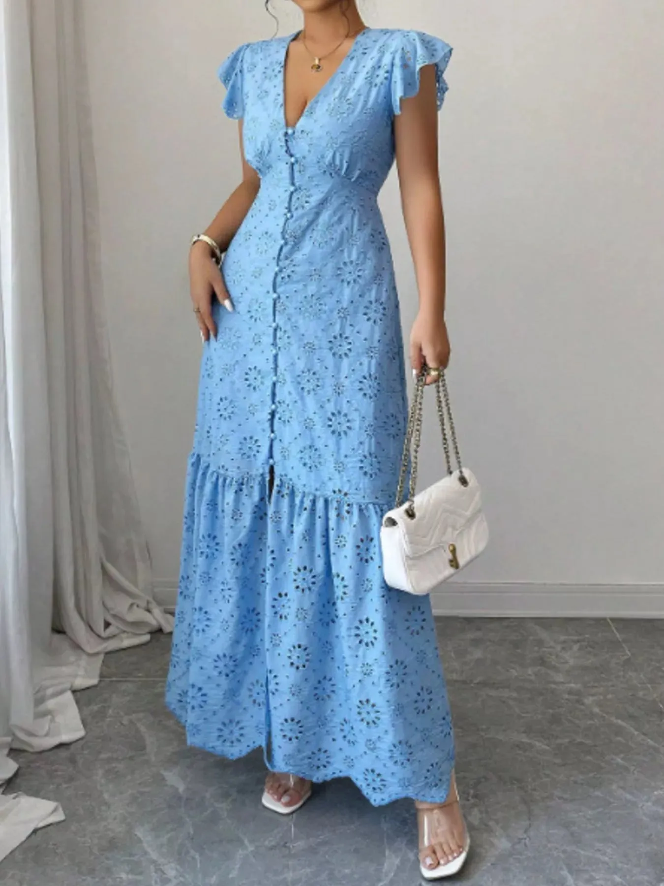 Floral Eyelet Ruffled Cap Sleeve Maxi Dress sold by Charming Charlie product image thumbnail 2