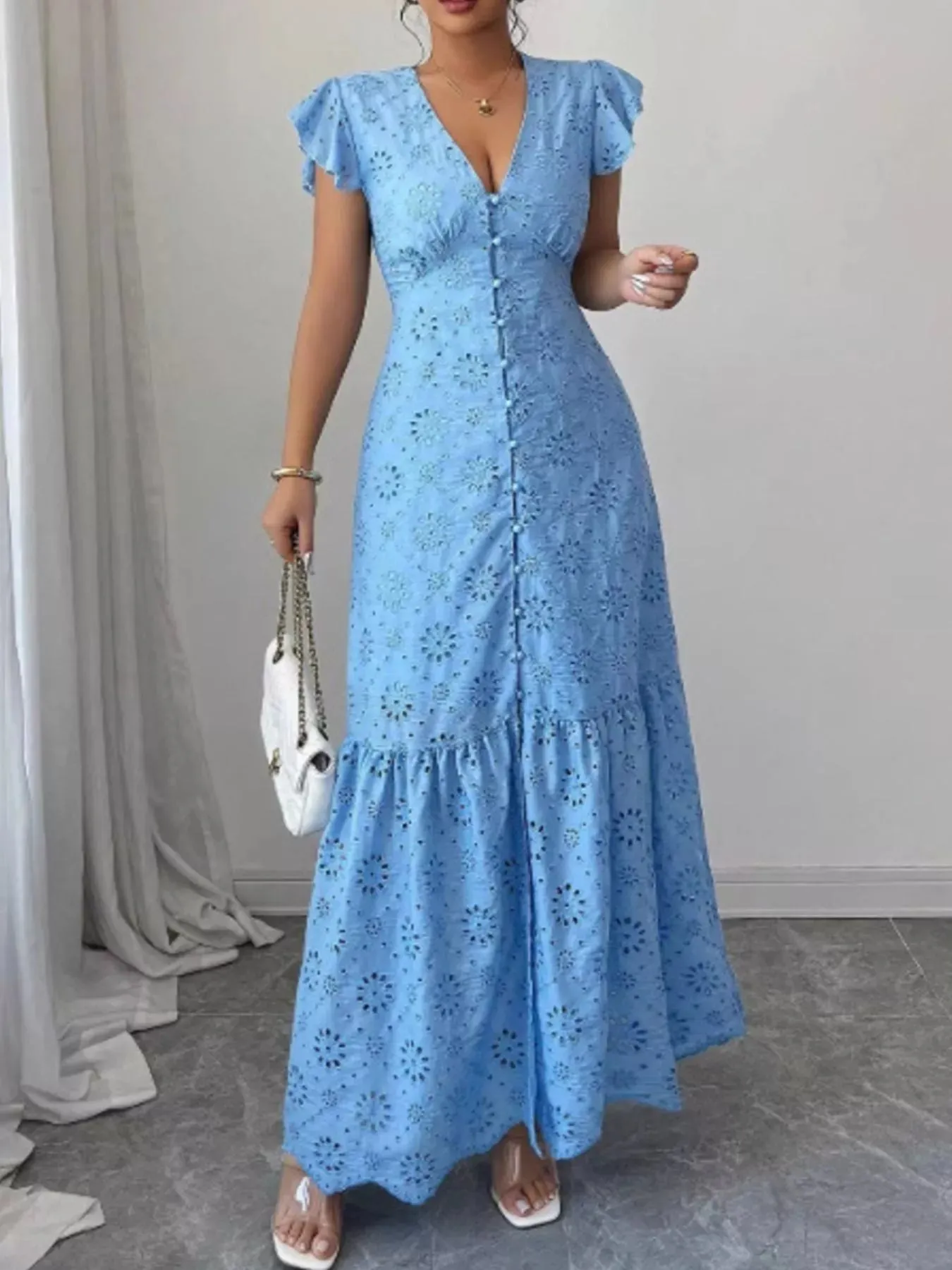 Floral Eyelet Ruffled Cap Sleeve Maxi Dress sold by Charming Charlie product image thumbnail 3