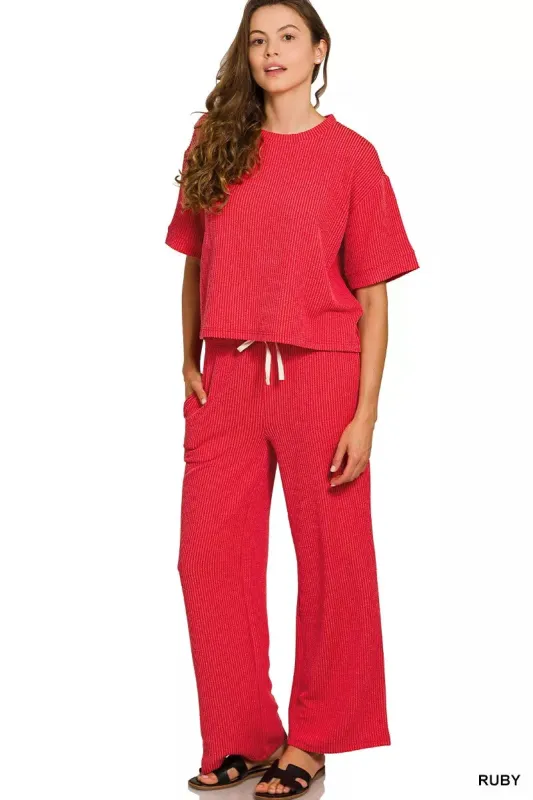 Zenana Raised Rib Short Sleeve Tee & Pants Set sold by Charming Charlie
