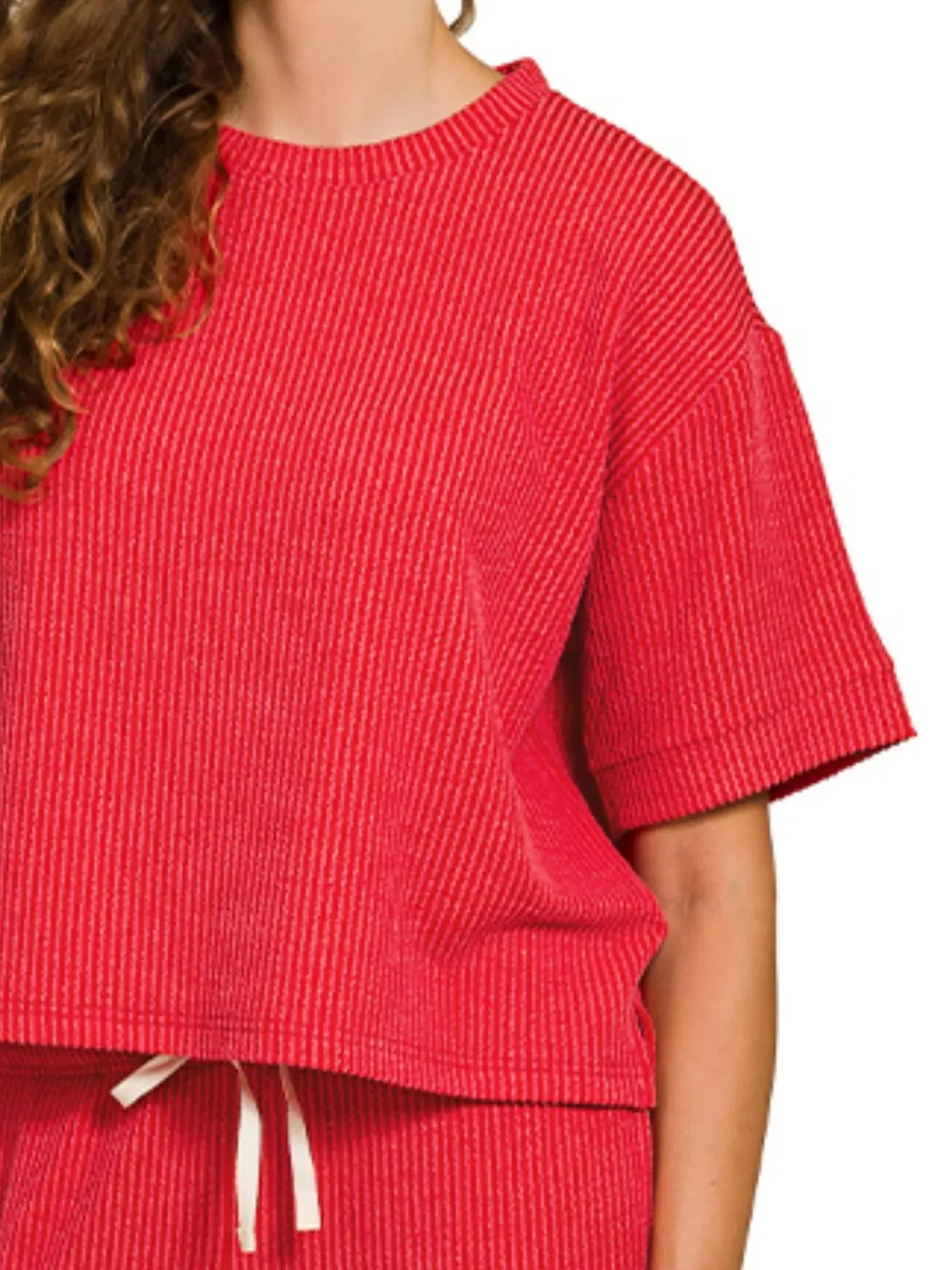 Zenana Raised Rib Short Sleeve Tee & Pants Set sold by Charming Charlie product image thumbnail 3