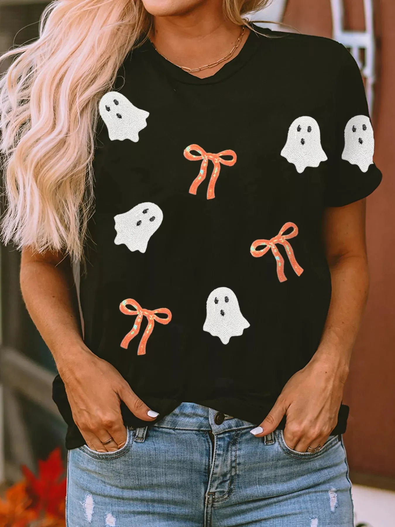 Halloween Ghost Bow Sequin Patched Drop Shoulder Sweatshirt sold by Charming Charlie product image thumbnail 4
