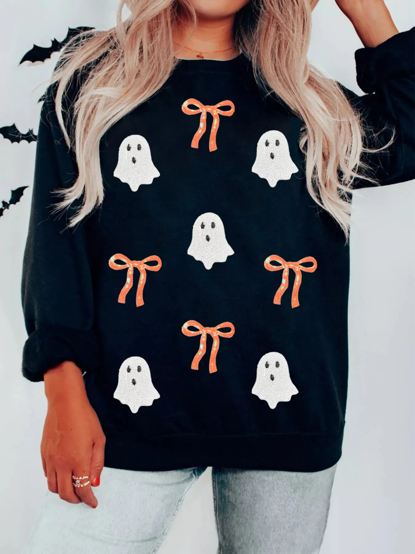 Halloween Ghost Bow Sequin Patched Drop Shoulder Sweatshirt sold by Charming Charlie product image thumbnail 2