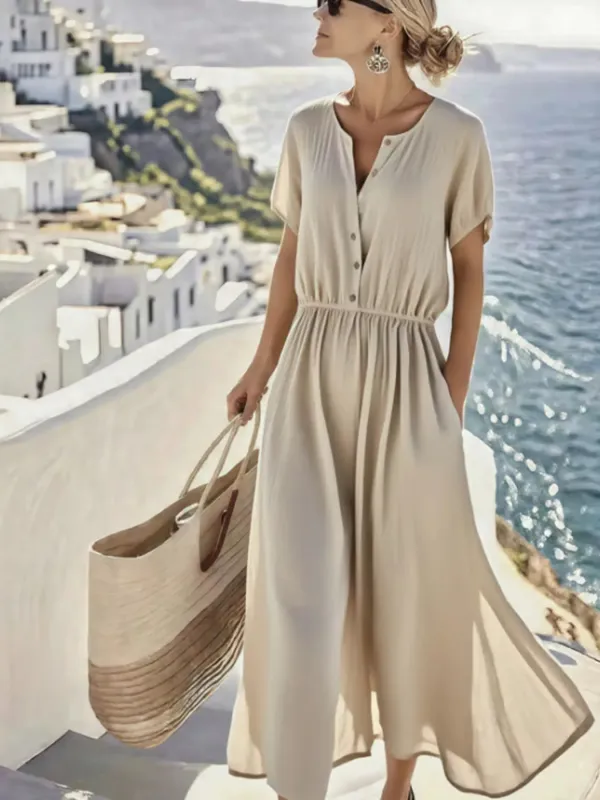 Full Size Button Front Short Sleeve Dress with Pockets Plus Size sold by Charming Charlie