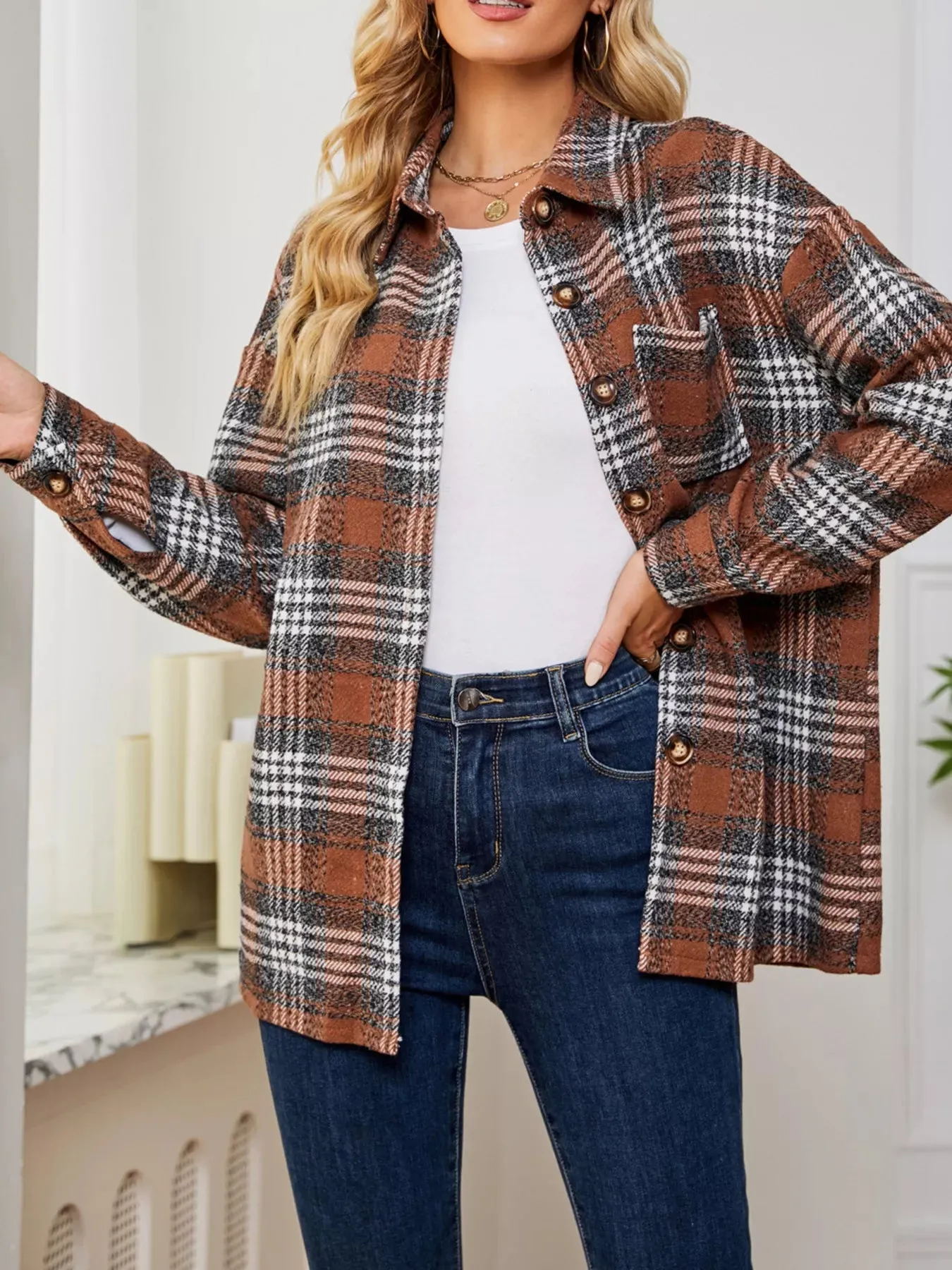 Plaid Button Up Long Sleeve Shacket sold by Charming Charlie product image thumbnail 4