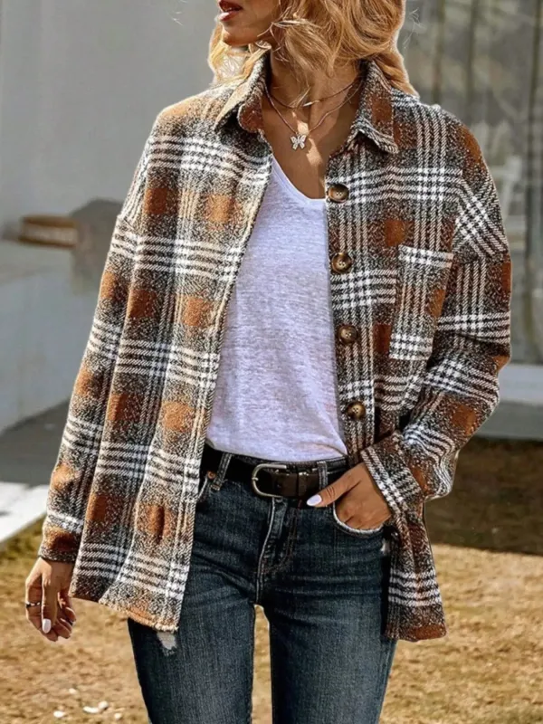 Plaid Button Up Long Sleeve Shacket sold by Charming Charlie