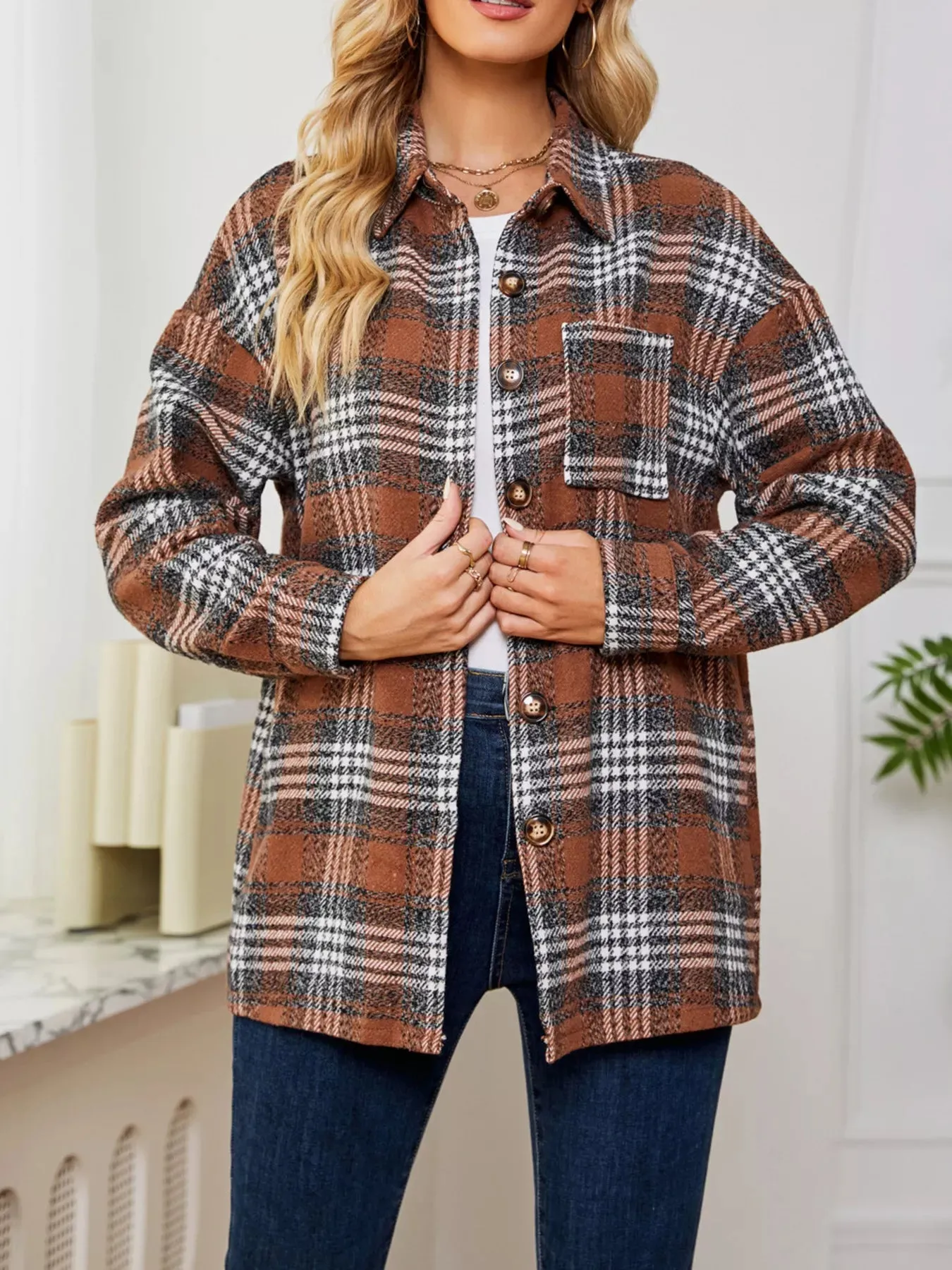 Plaid Button Up Long Sleeve Shacket sold by Charming Charlie product image thumbnail 5