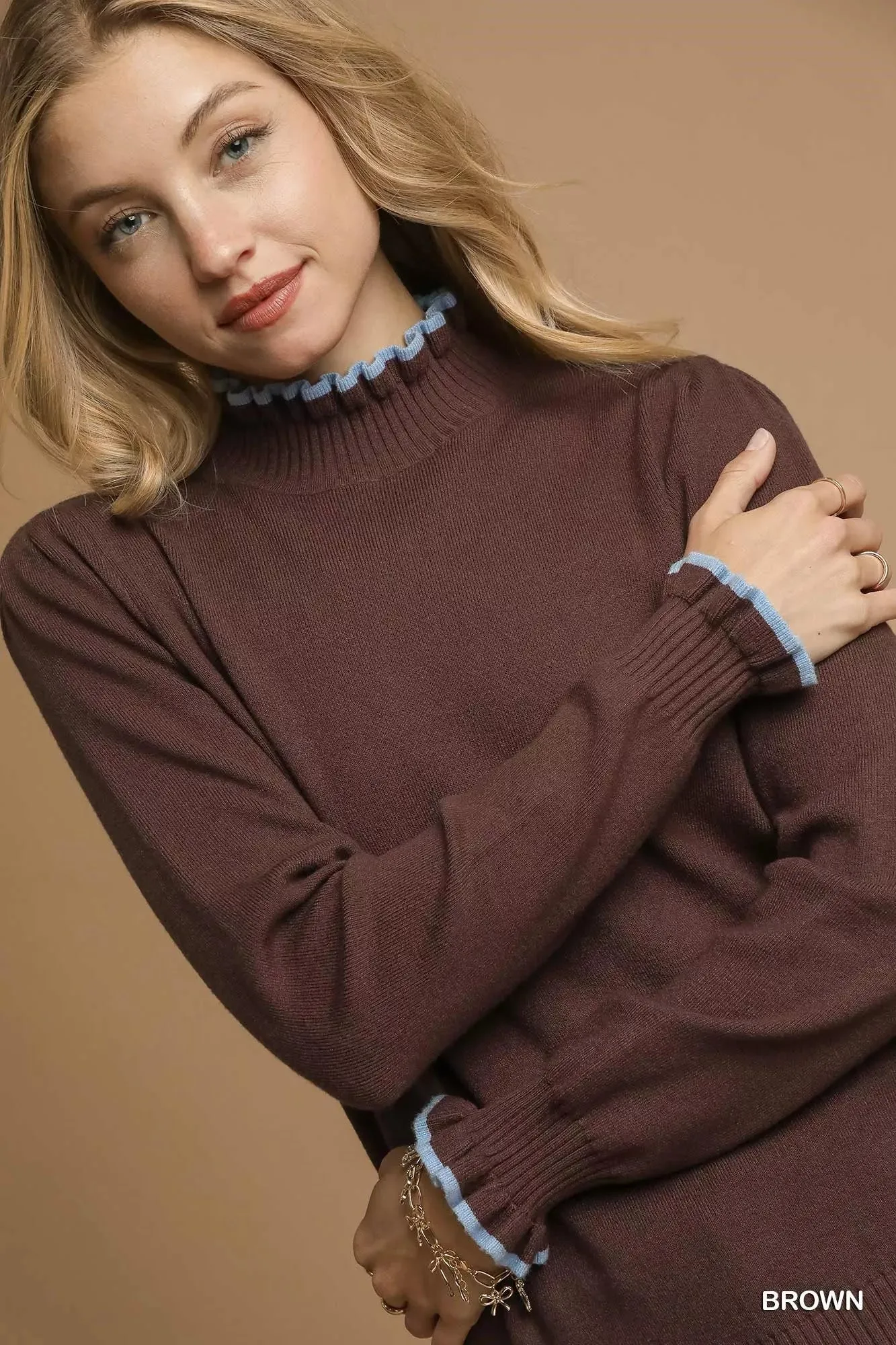 Umgee Ribbed Round Neck Sweater with Ruffle Contrast Trim sold by Charming Charlie product image thumbnail 5