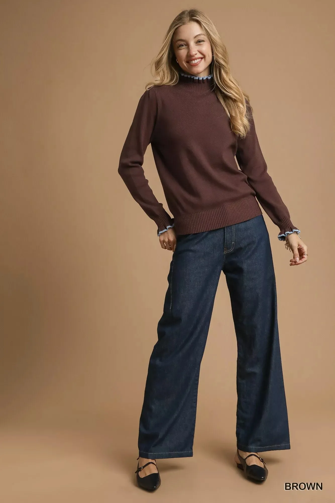 Umgee Ribbed Round Neck Sweater with Ruffle Contrast Trim sold by Charming Charlie product image thumbnail 4