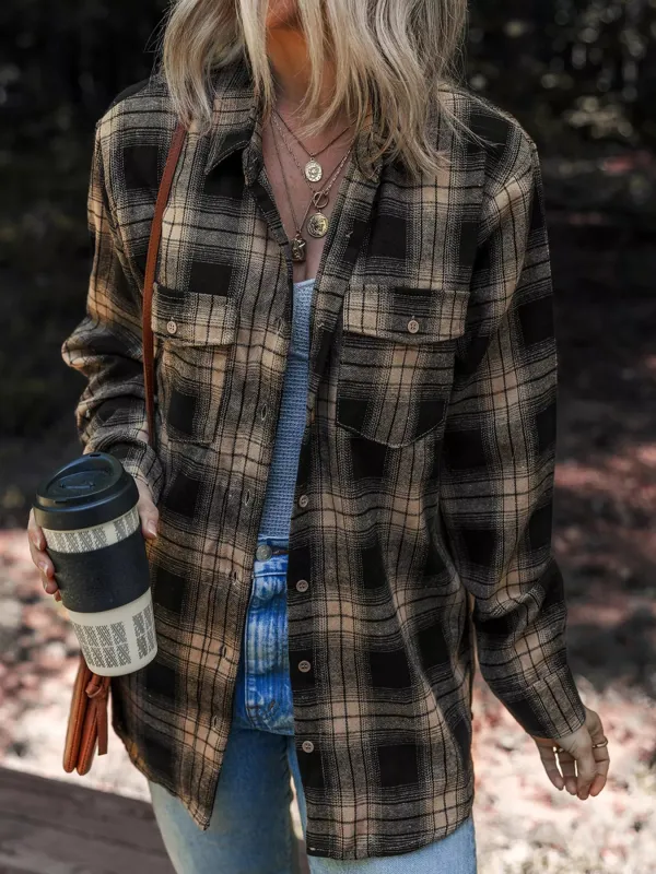Plaid Double Flap Pocket Brushed Shacket sold by Charming Charlie