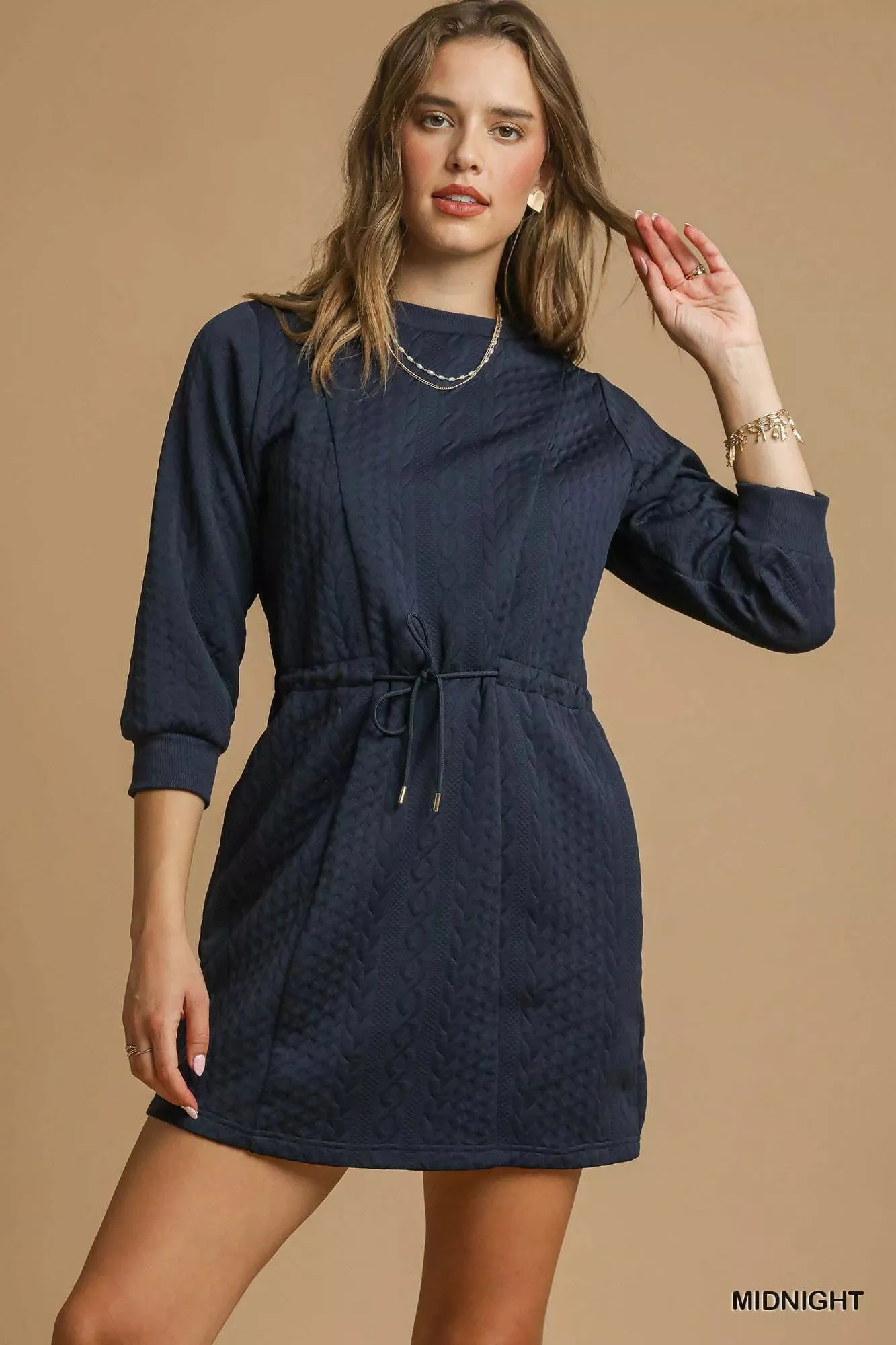 Umgee Drawstring Cable Knit Mini Dress with Pockets sold by Charming Charlie