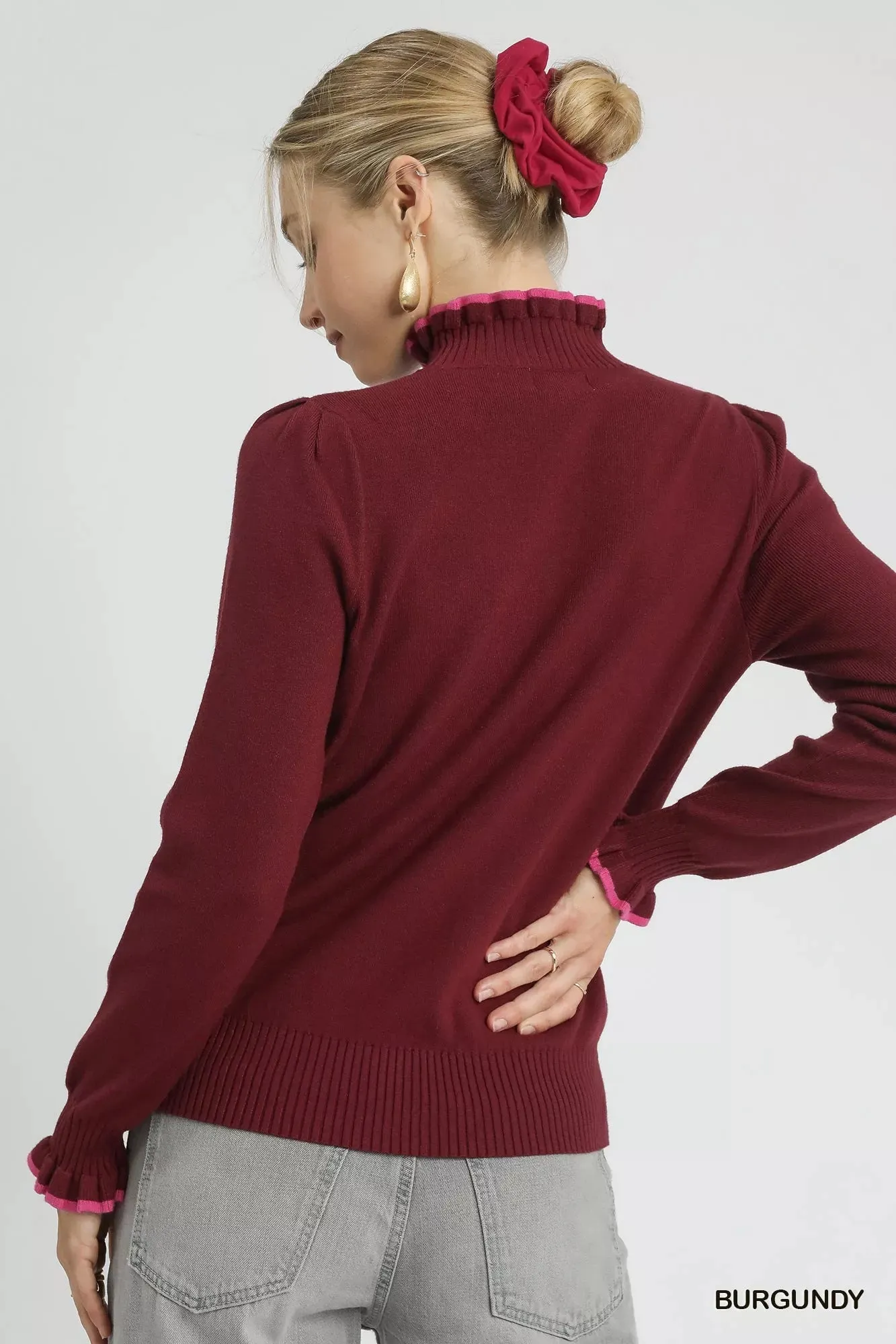 Umgee Ribbed Round Neck Sweater with Ruffle Contrast Trim sold by Charming Charlie product image thumbnail 3