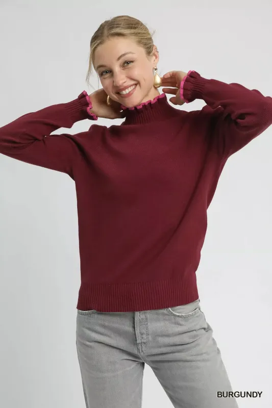 Umgee Ribbed Round Neck Sweater with Ruffle Contrast Trim sold by Charming Charlie