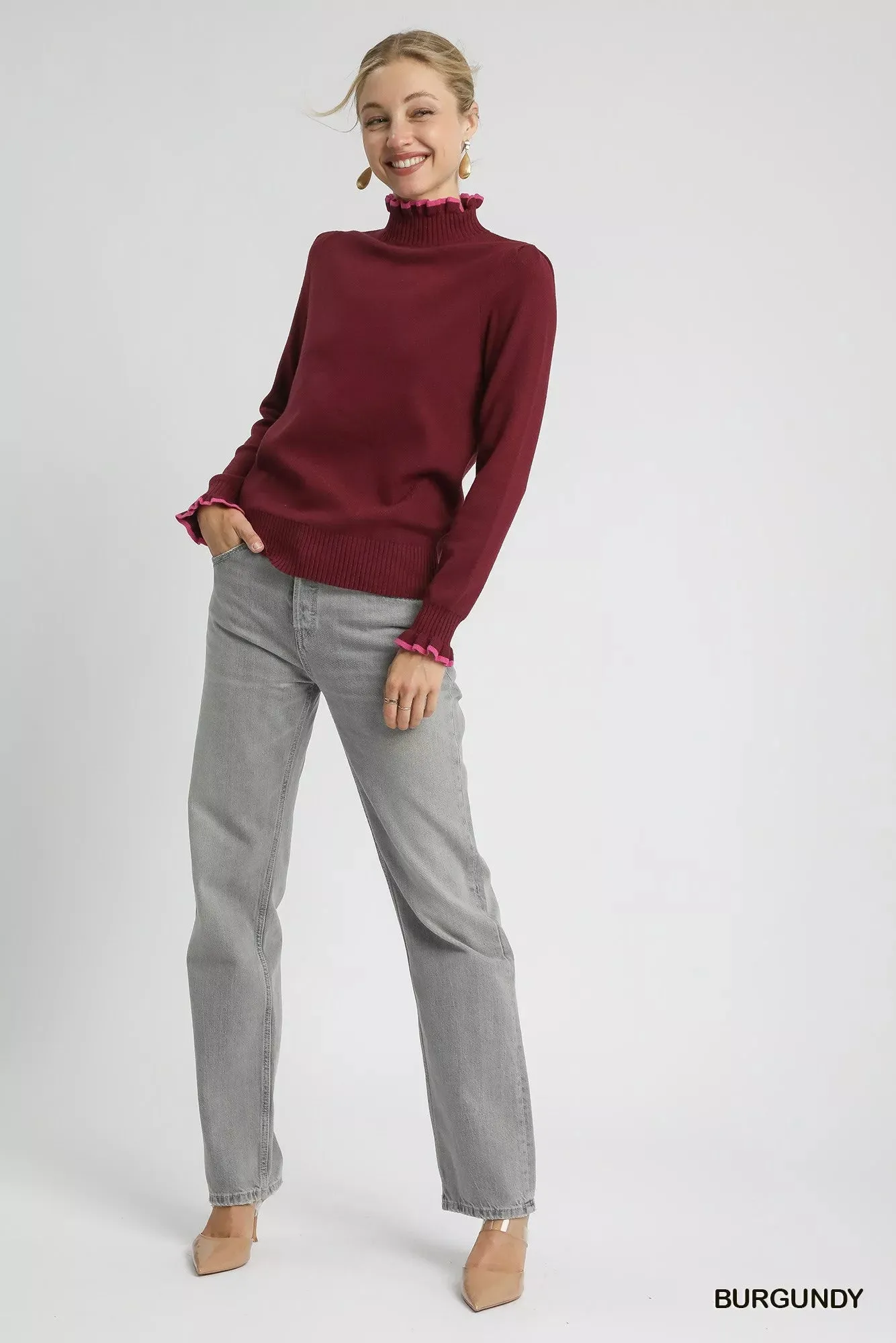 Umgee Ribbed Round Neck Sweater with Ruffle Contrast Trim sold by Charming Charlie product image thumbnail 5