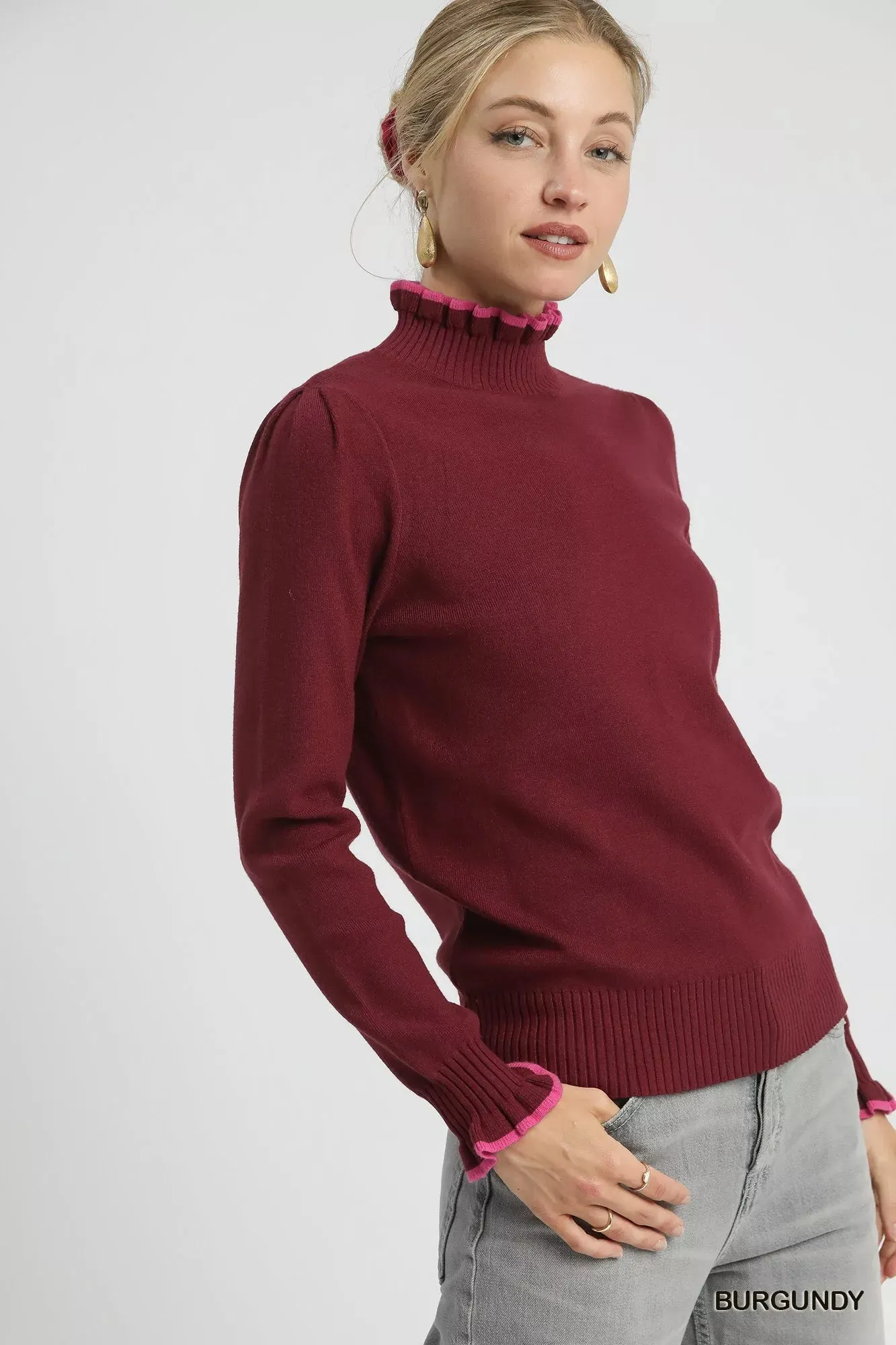 Umgee Ribbed Round Neck Sweater with Ruffle Contrast Trim sold by Charming Charlie product image thumbnail 2