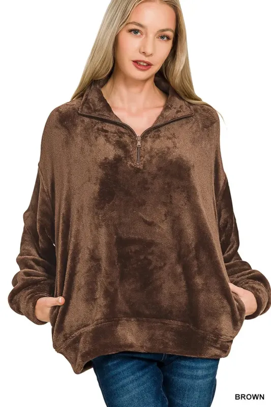 Zenana Faux Fur Half Zip Pocket Pullover sold by Charming Charlie