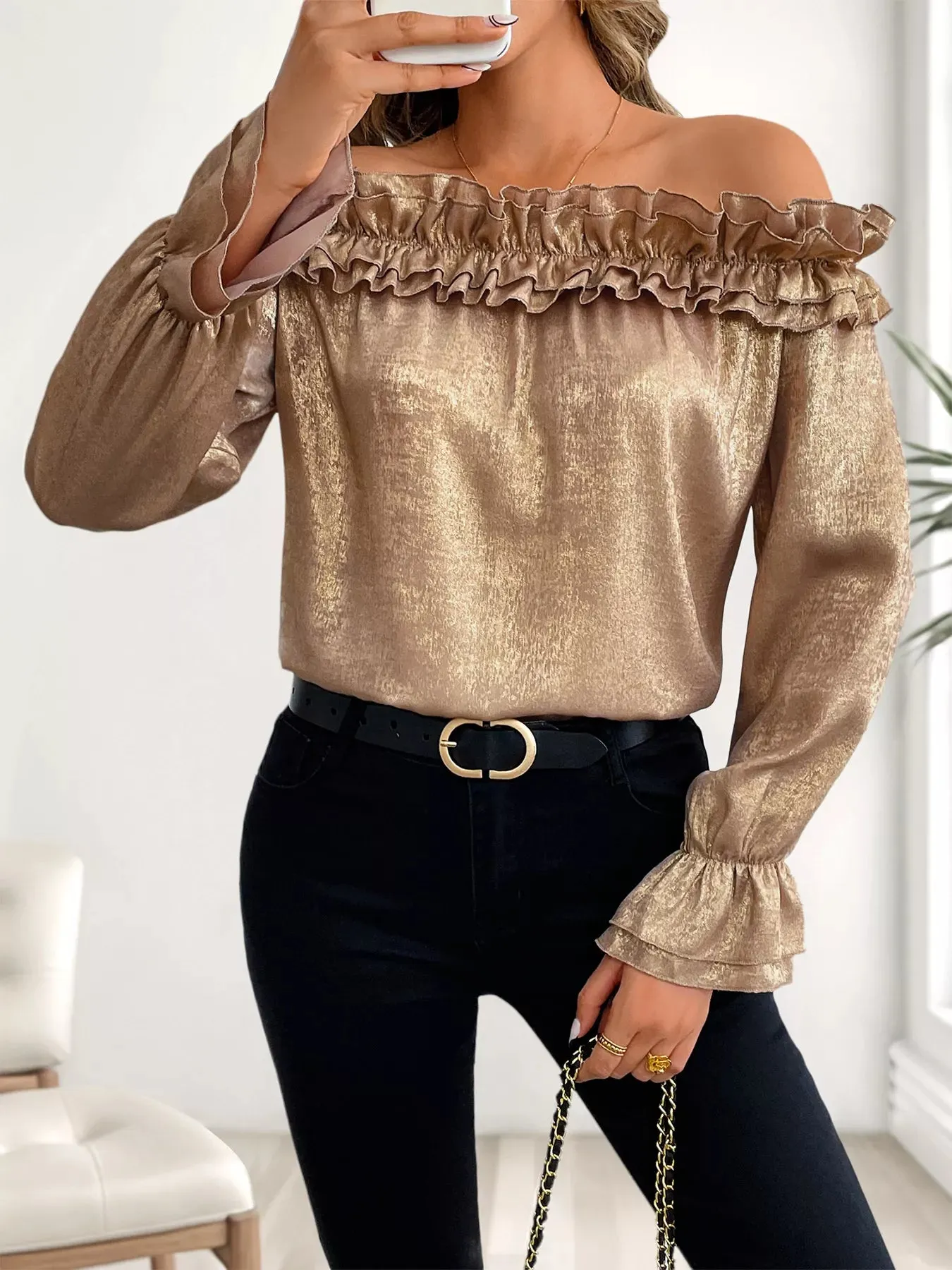 Ruffled Off-Shoulder Flounce Sleeve Blouse sold by Charming Charlie product image thumbnail 3