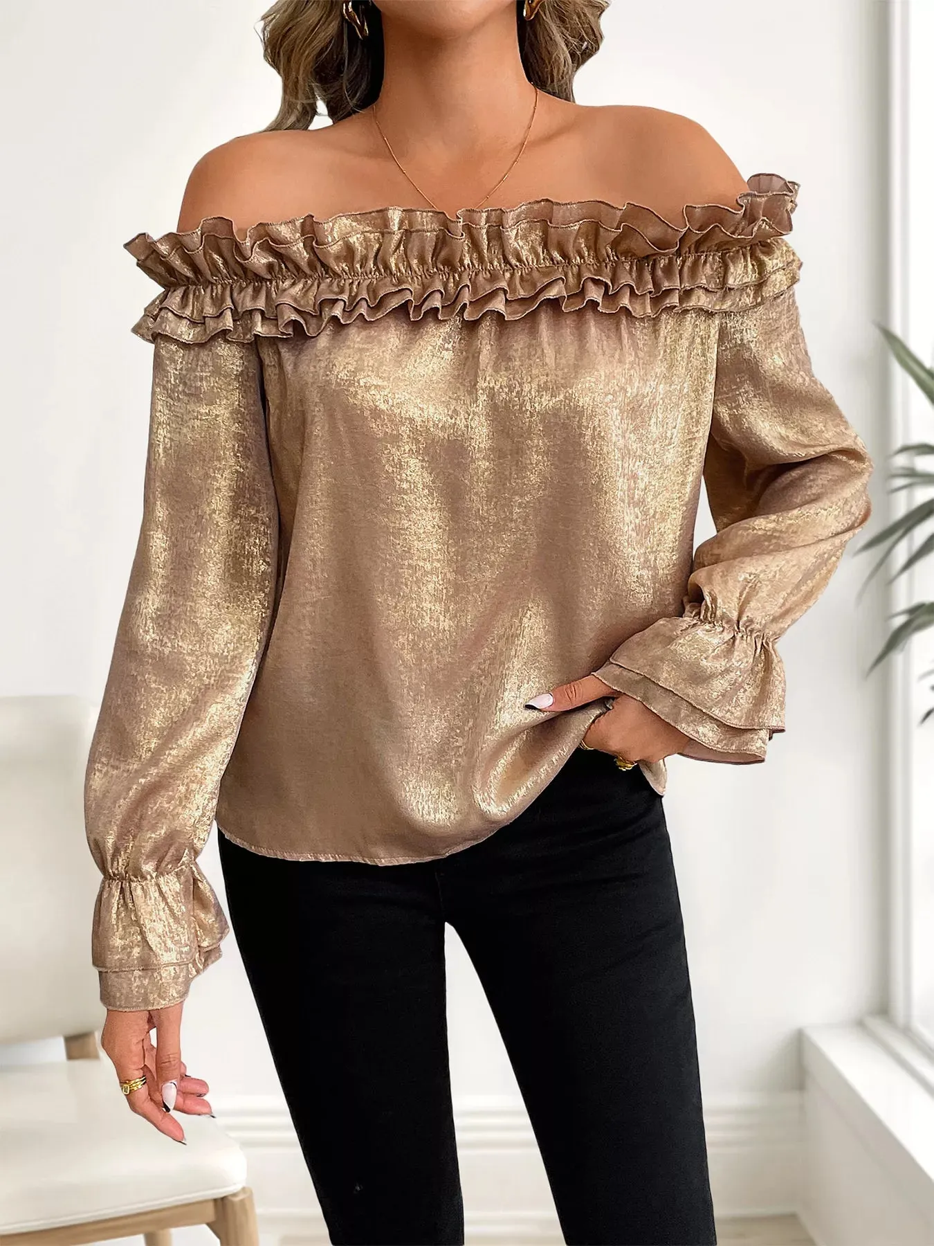 Ruffled Off-Shoulder Flounce Sleeve Blouse sold by Charming Charlie product image thumbnail 4