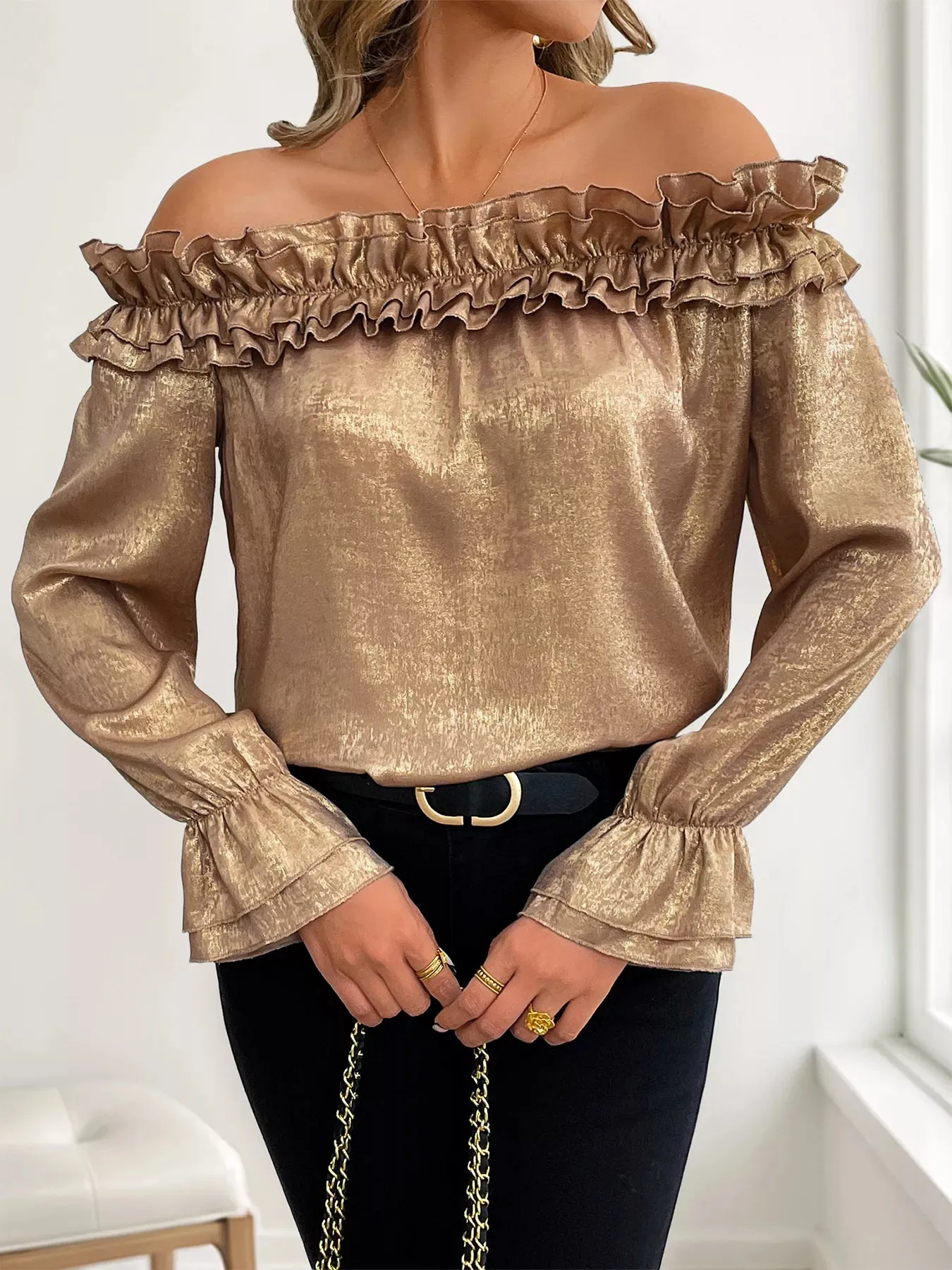 Ruffled Off-Shoulder Flounce Sleeve Blouse sold by Charming Charlie product image thumbnail 5