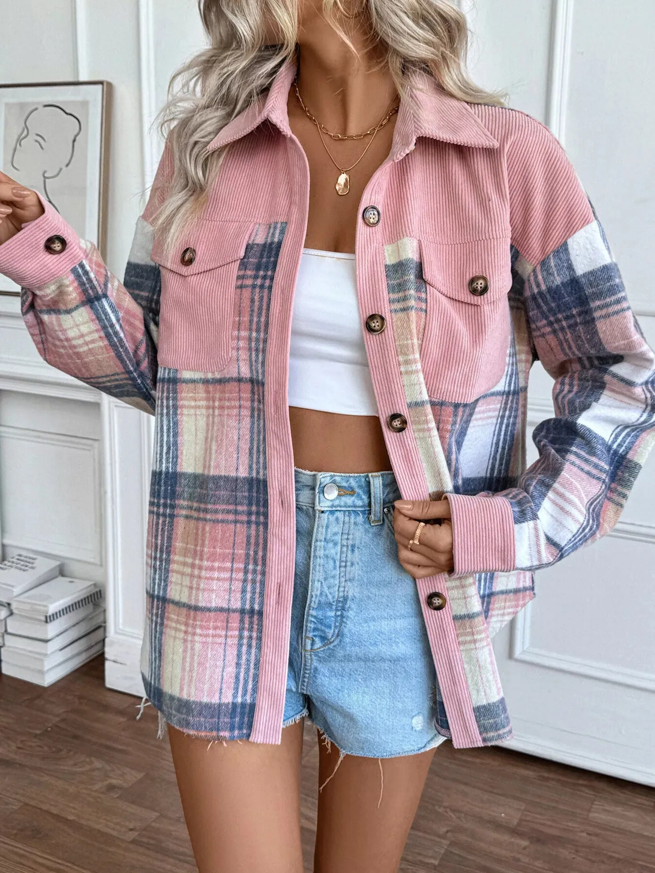 Plaid Button-Up Shacket with Chest Pockets sold by Charming Charlie product image thumbnail 4