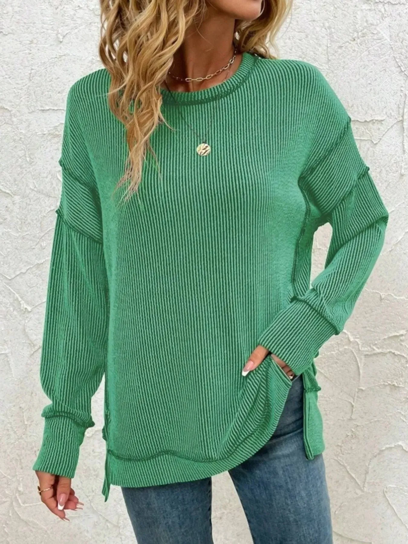 Side Slit Round Neck Dropped Shoulder Sweatshirt sold by Charming Charlie product image thumbnail 4