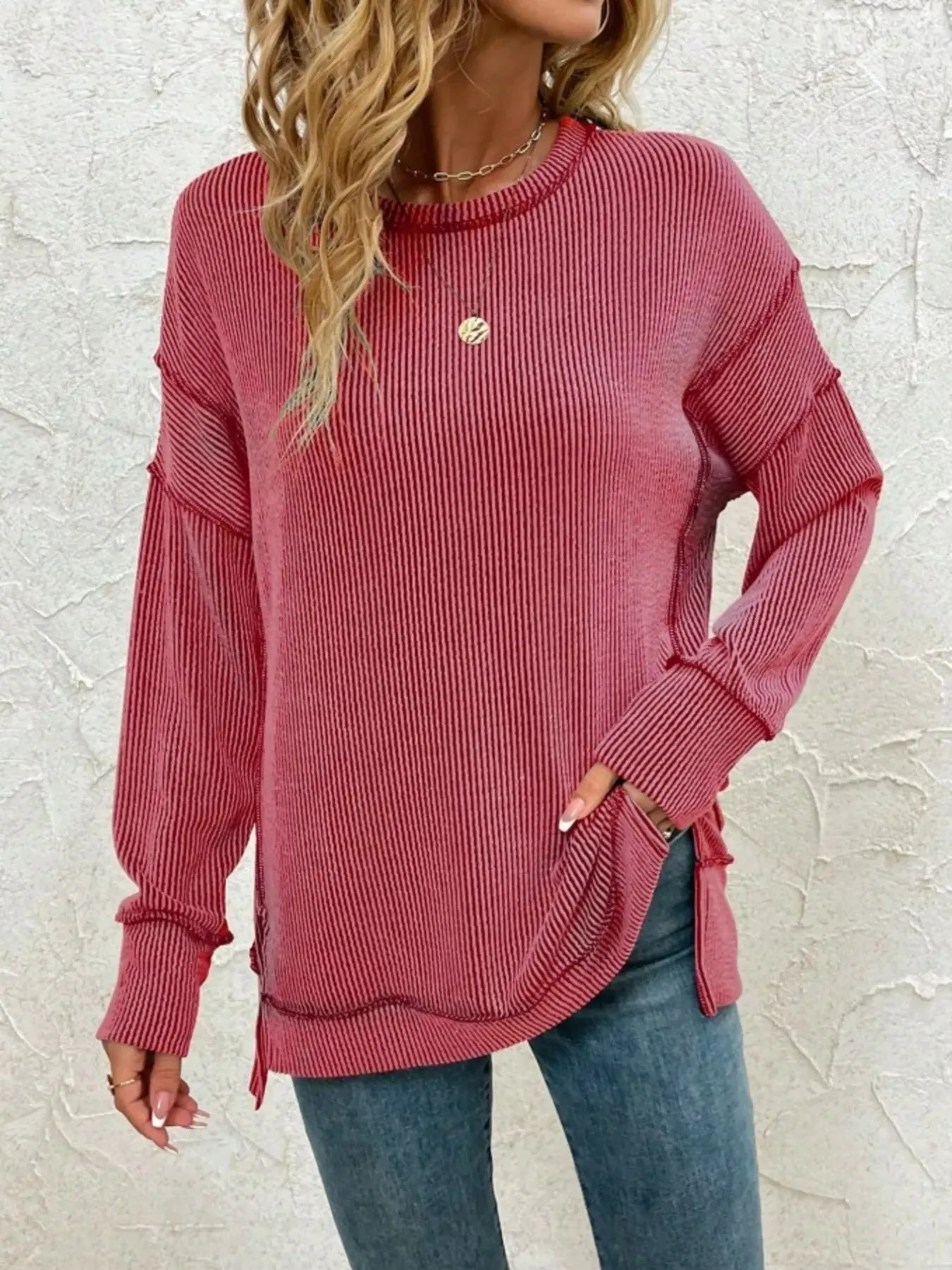 Side Slit Round Neck Dropped Shoulder Sweatshirt sold by Charming Charlie
